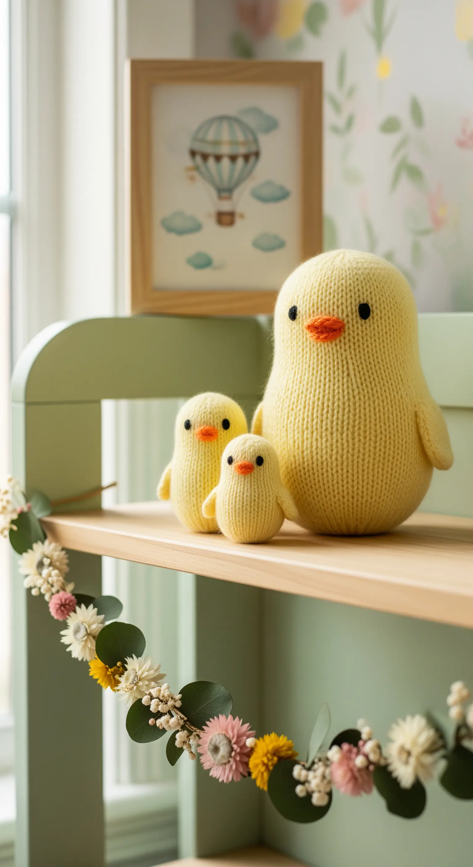 Shelf with knitted chicks, floral garland, and hot air balloon print.