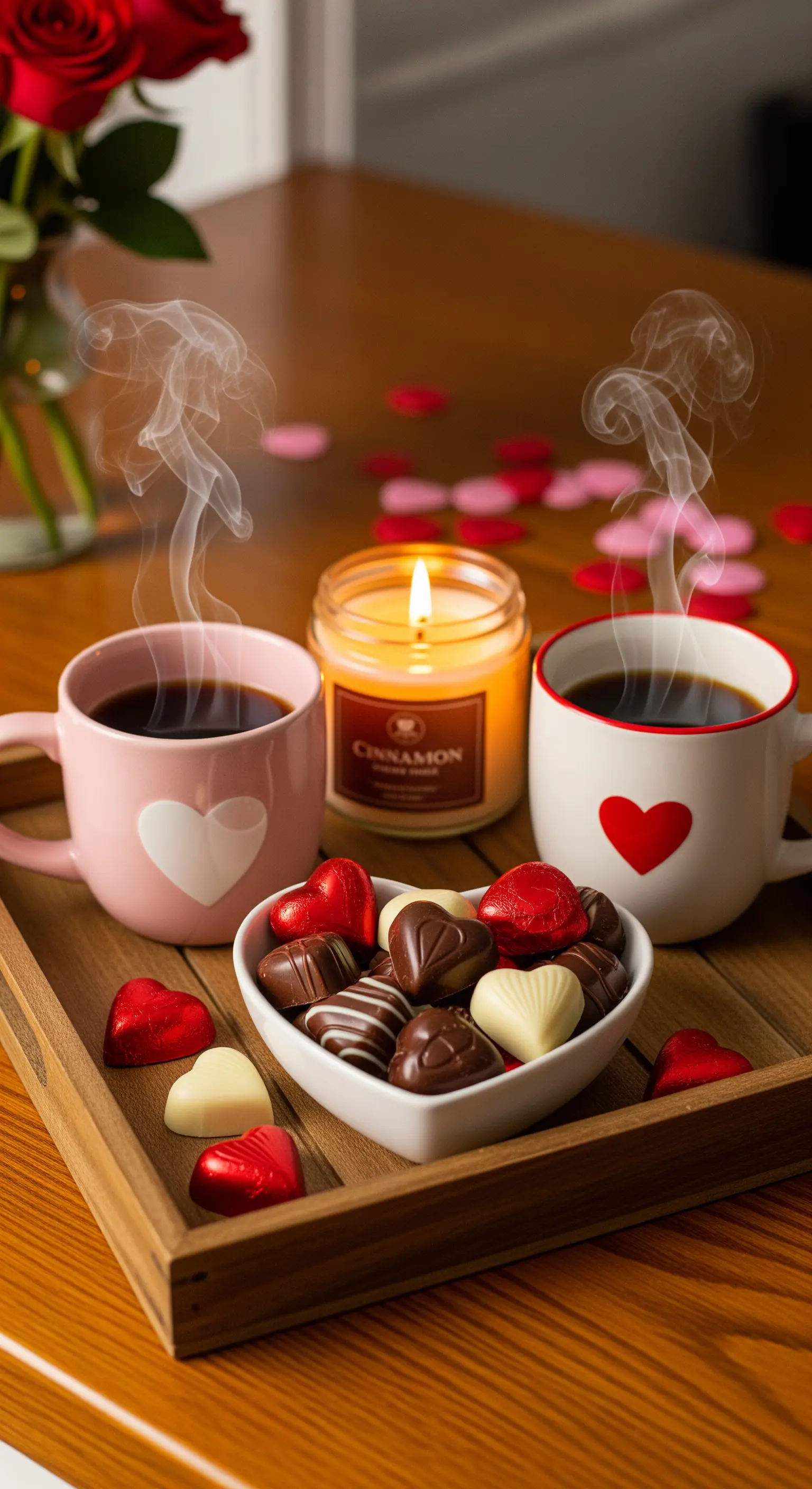 Holztablett mit zwei Kaffeetassen, Duftkerze und Herzpralinen