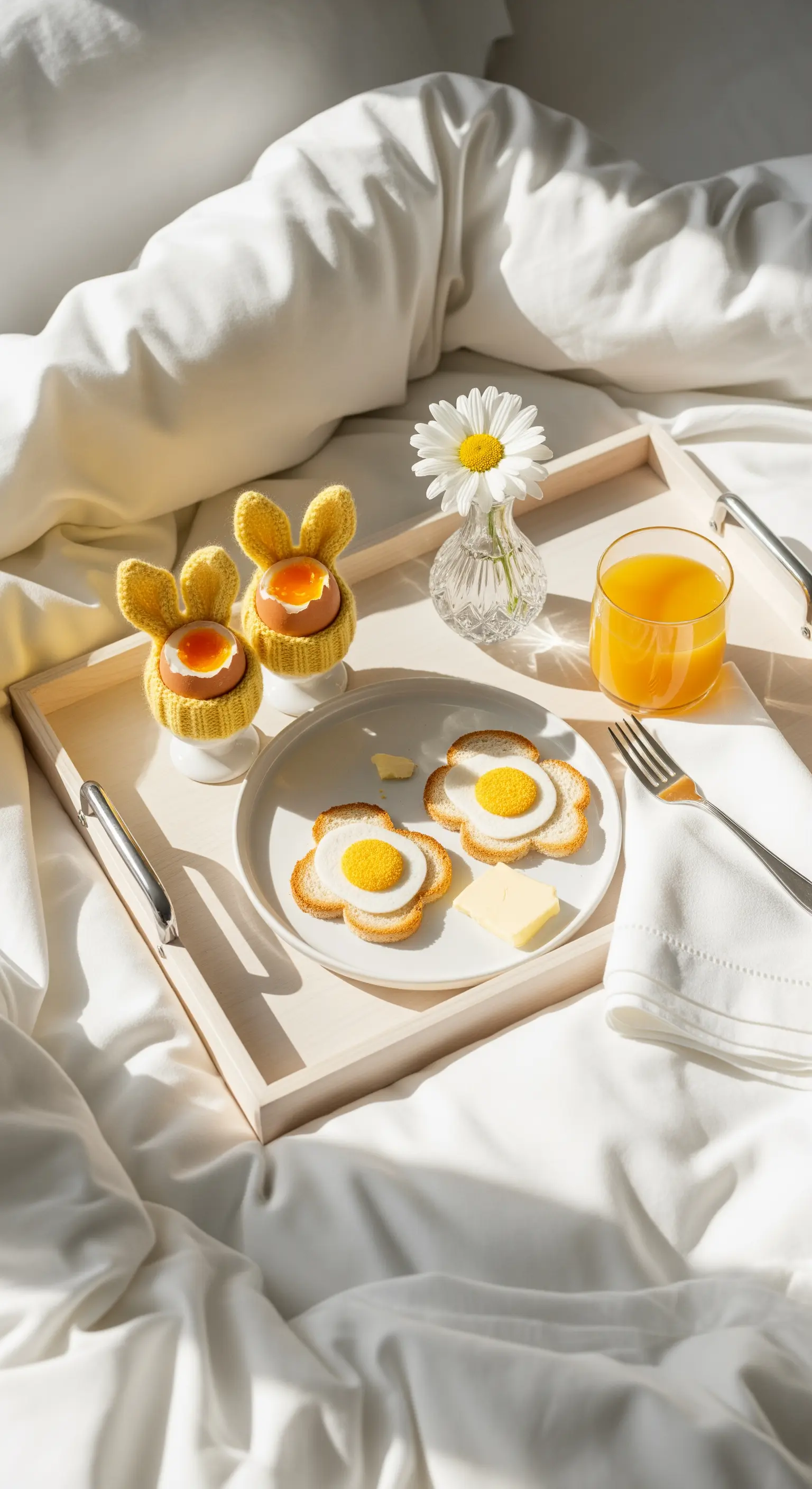 Osterfrühstück im Bett mit Hasen-Eierwärmern und Blumen-Toast