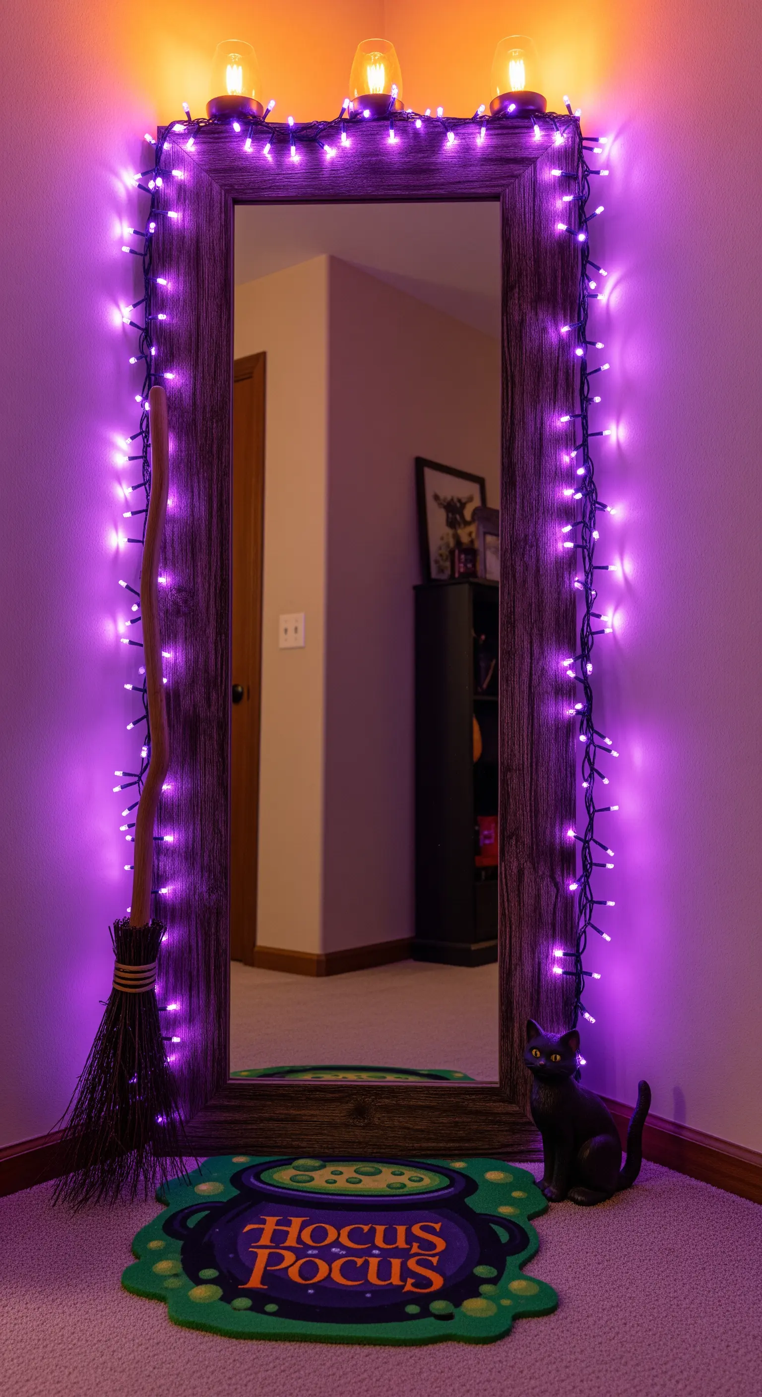 Holzspiegel mit lila Lichterkette, Hexenbesen und Hocus Pocus Fußabtreter