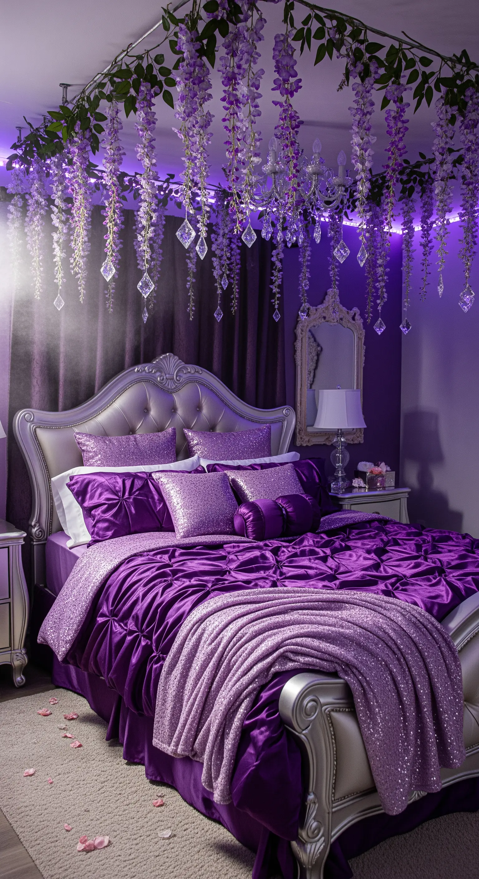 Opulentes Schlafzimmer in Lila und Silber mit Glyzinienranken und Kristallen