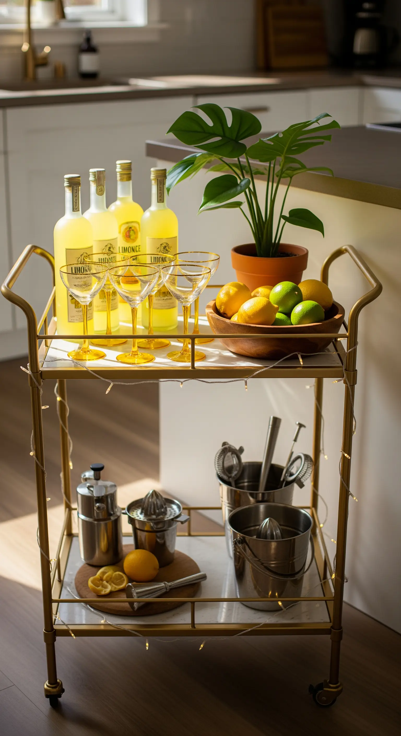Goldener Servierwagen mit Limoncello und Zitronen