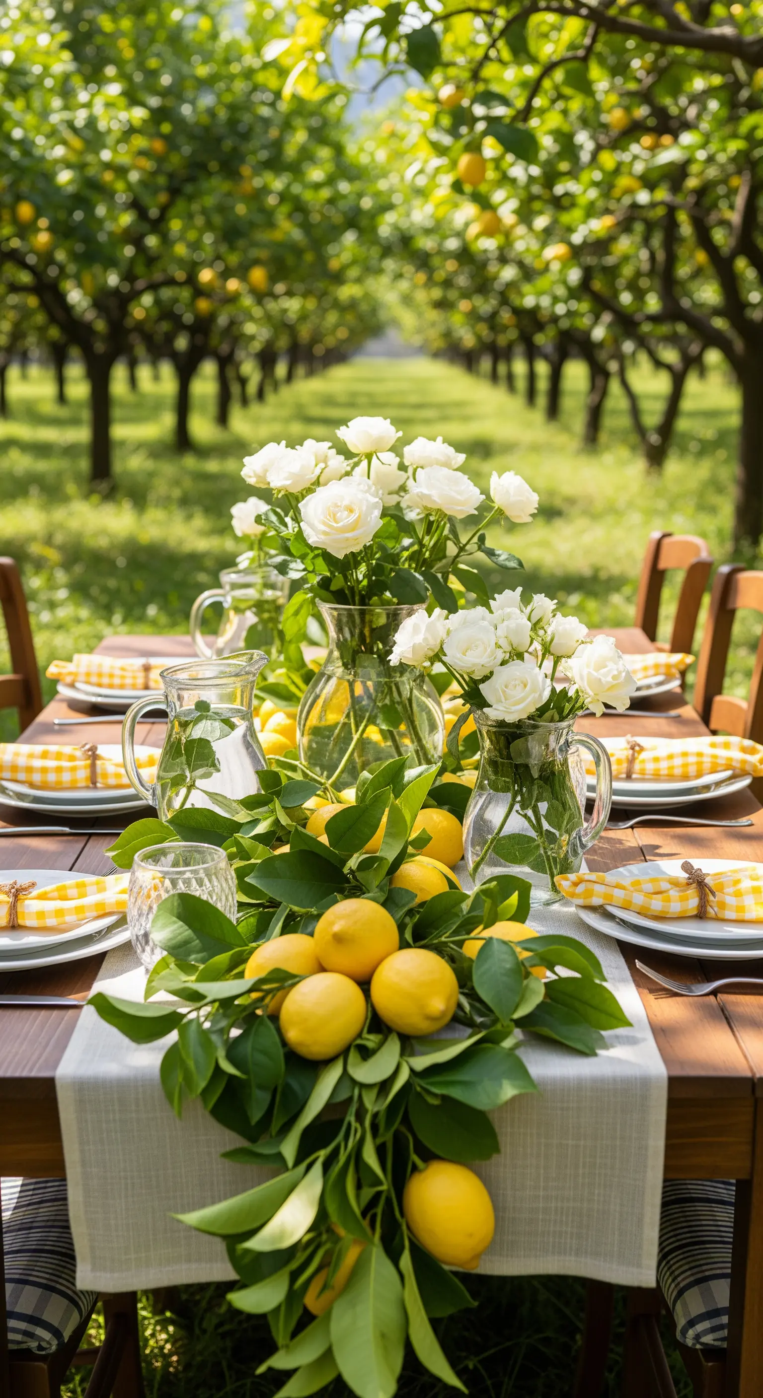 Sommerliche Tischdeko mit weißen Rosen, Zitronen und gelbem Karomuster.