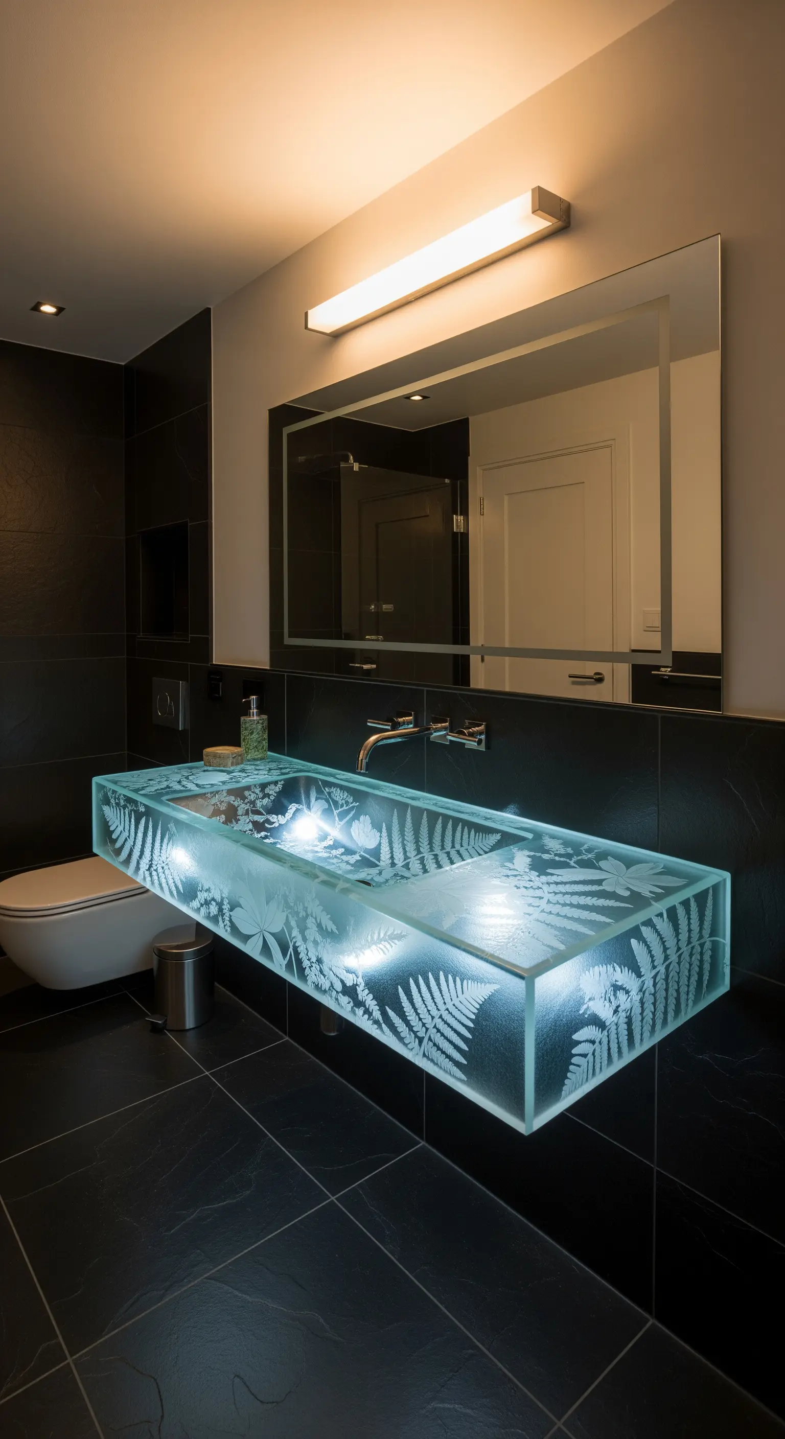 Langes, schwebendes Waschbecken aus Stein vor einer Wand mit Holzlamellen.