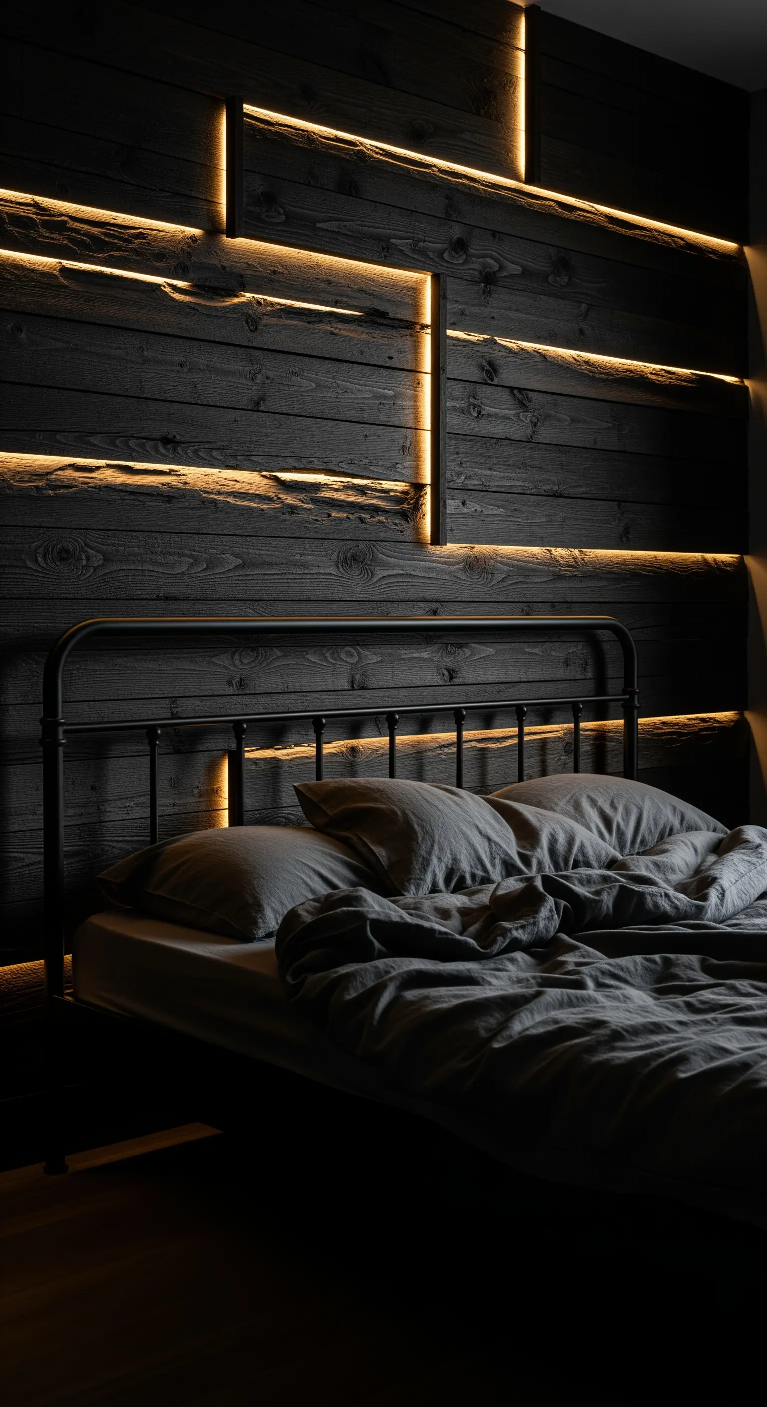 LED-Linien, geschwärztes Holz, Metallbettrahmen