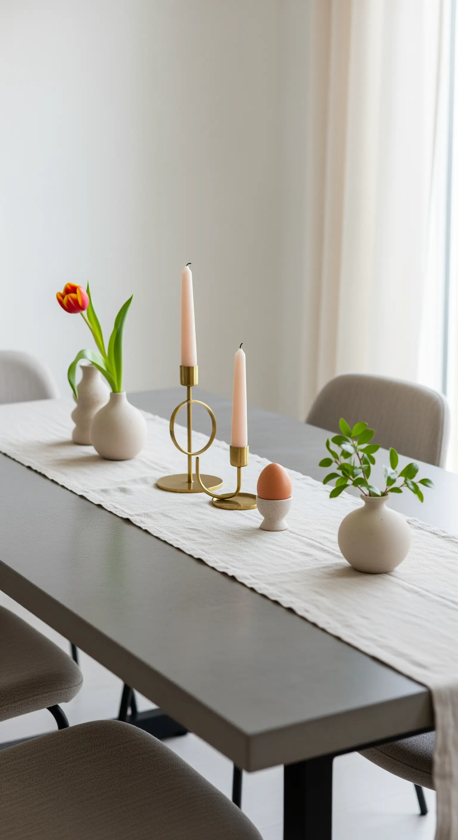 Asymmetrische Tischdeko auf einem Läufer mit Kerzenhaltern, kleinen Vasen und einem Ei