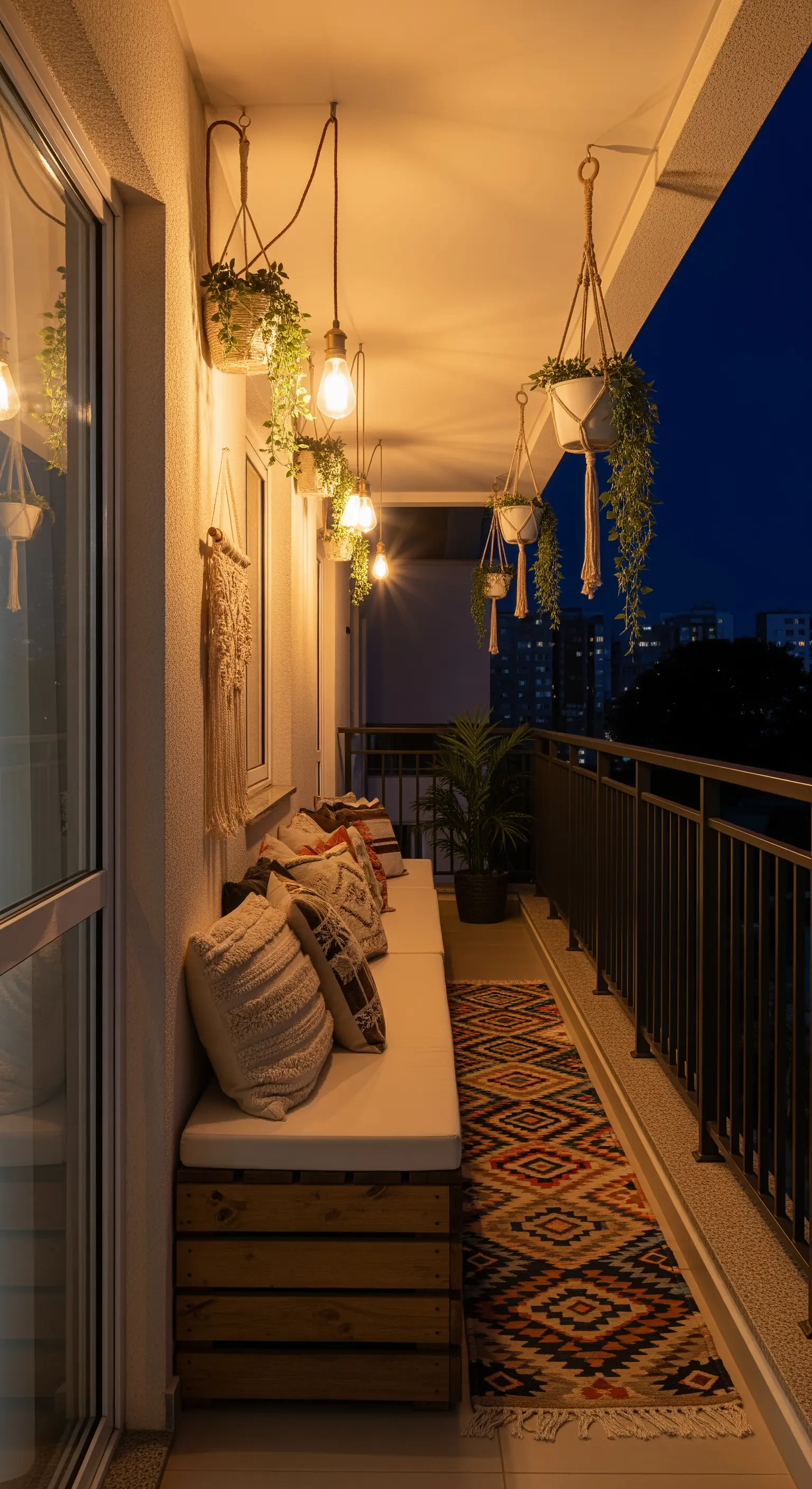 Langer, schmaler Balkon mit einer Lichterkette, die sich über die gesamte Länge erstreckt