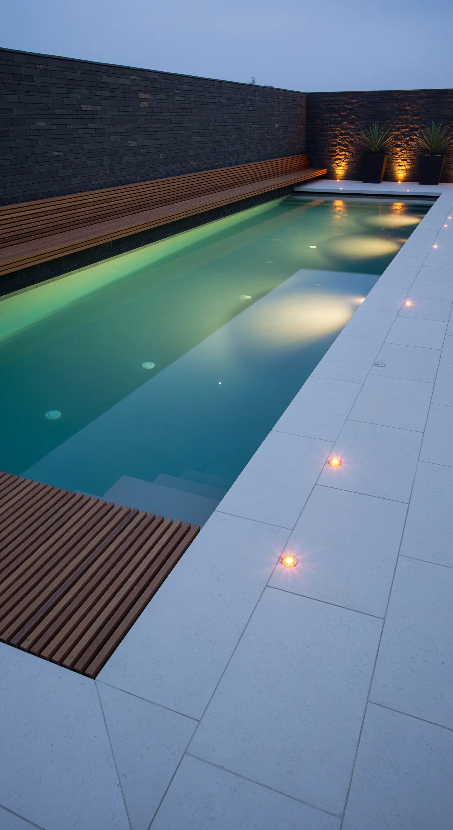 Langer Pool mit linearer Bodenbeleuchtung, Holzlamellen und dunkler Ziegelwand