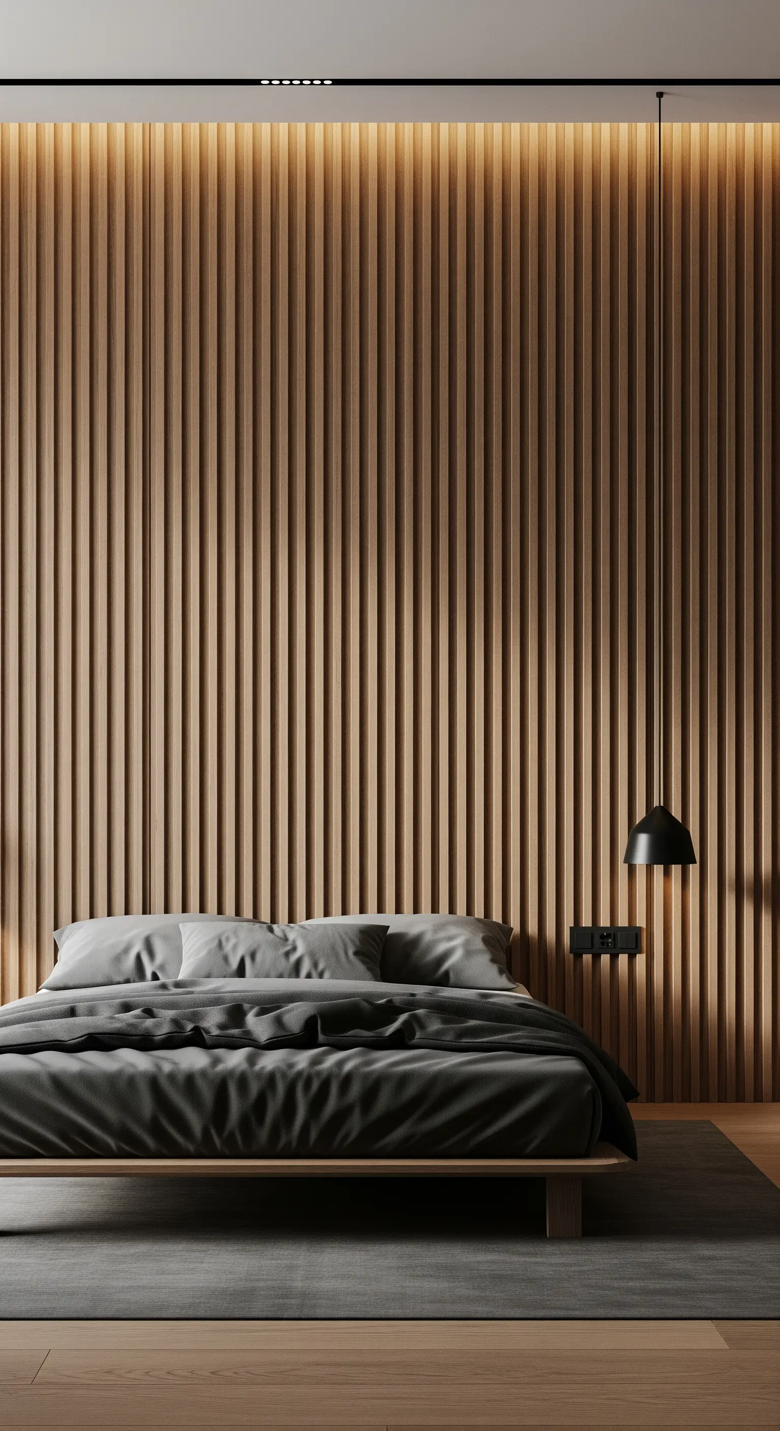 Holzakustikpaneele als Akzentwand hinter einem Bett mit dunkler Bettwäsche.