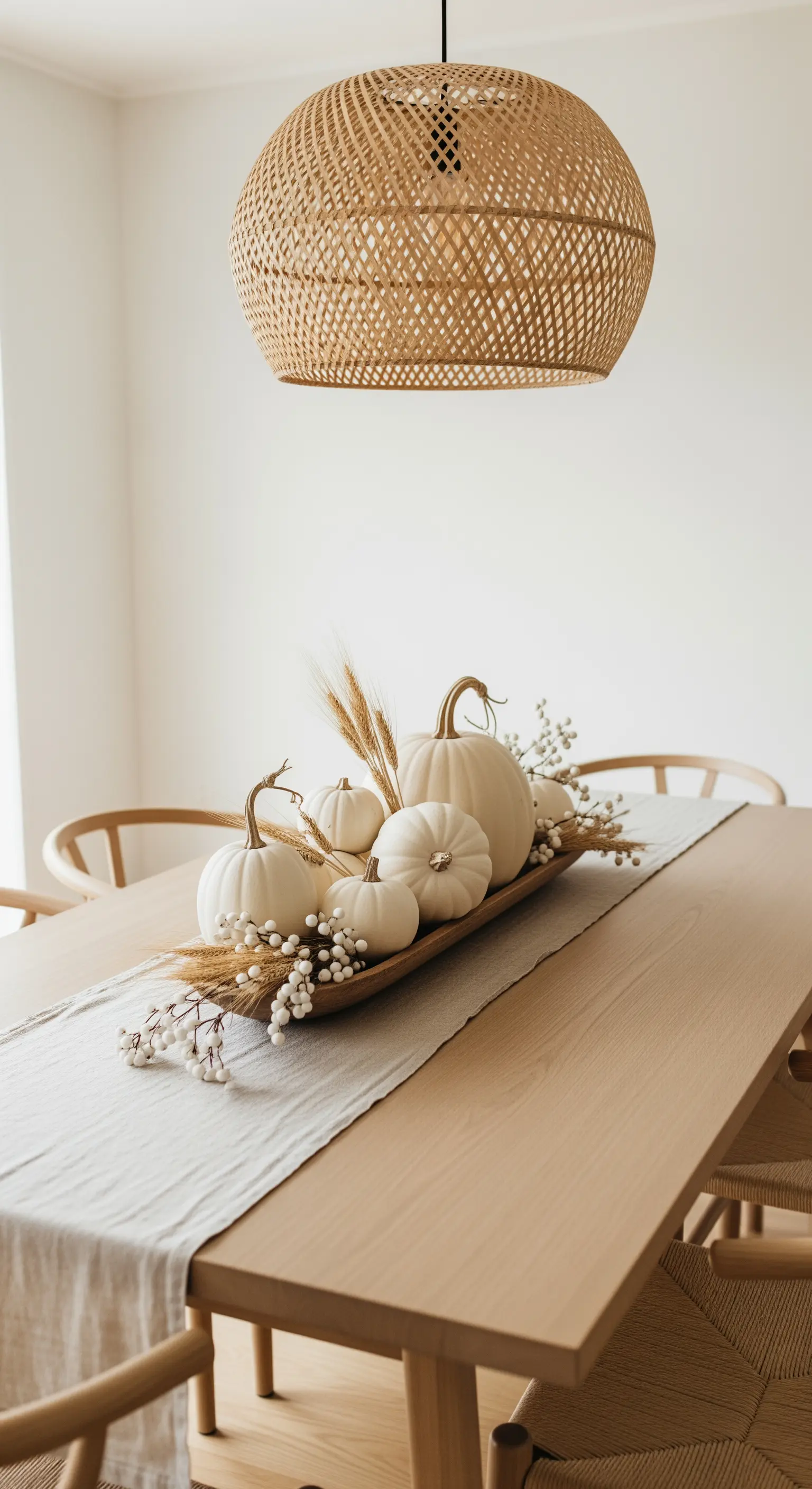 Längliche Holzschale mit weißen Kürbissen und Trockenblumen als Tischdeko.
