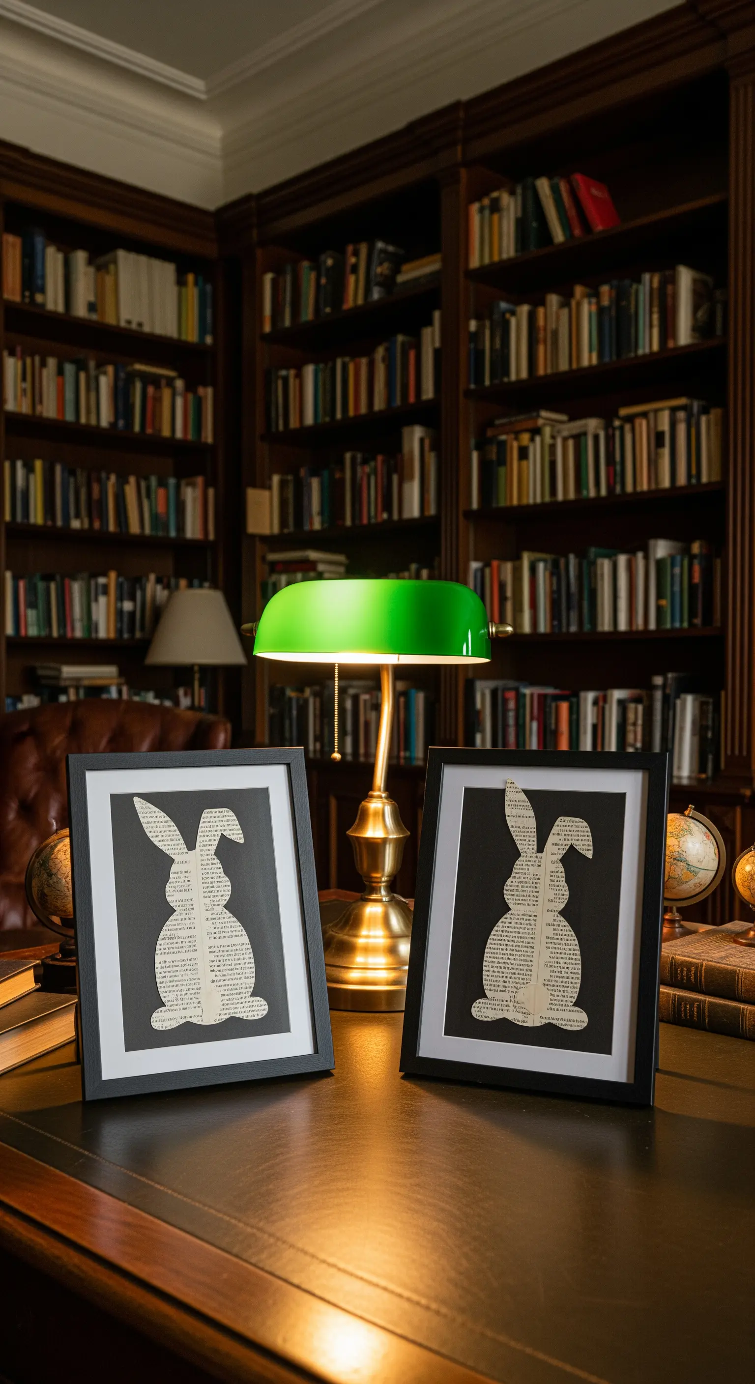 Gerahmte Hasen-Silhouetten aus Buchseiten auf einem dunklen Schreibtisch