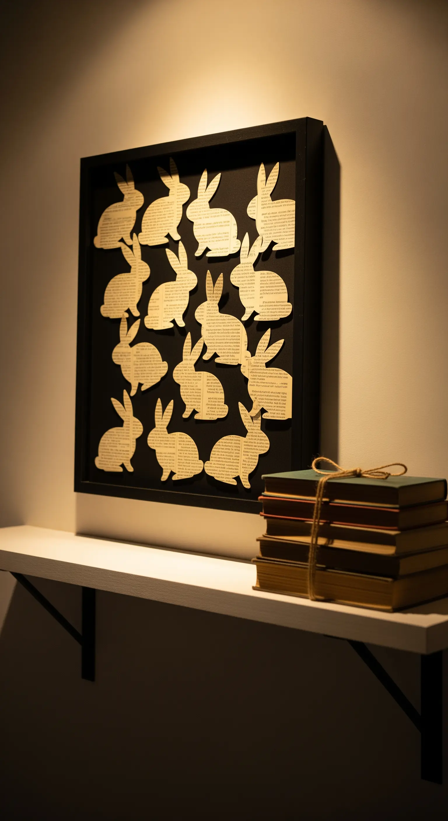 Gerahmte Scherenschnitte von Hasen aus alten Buchseiten.