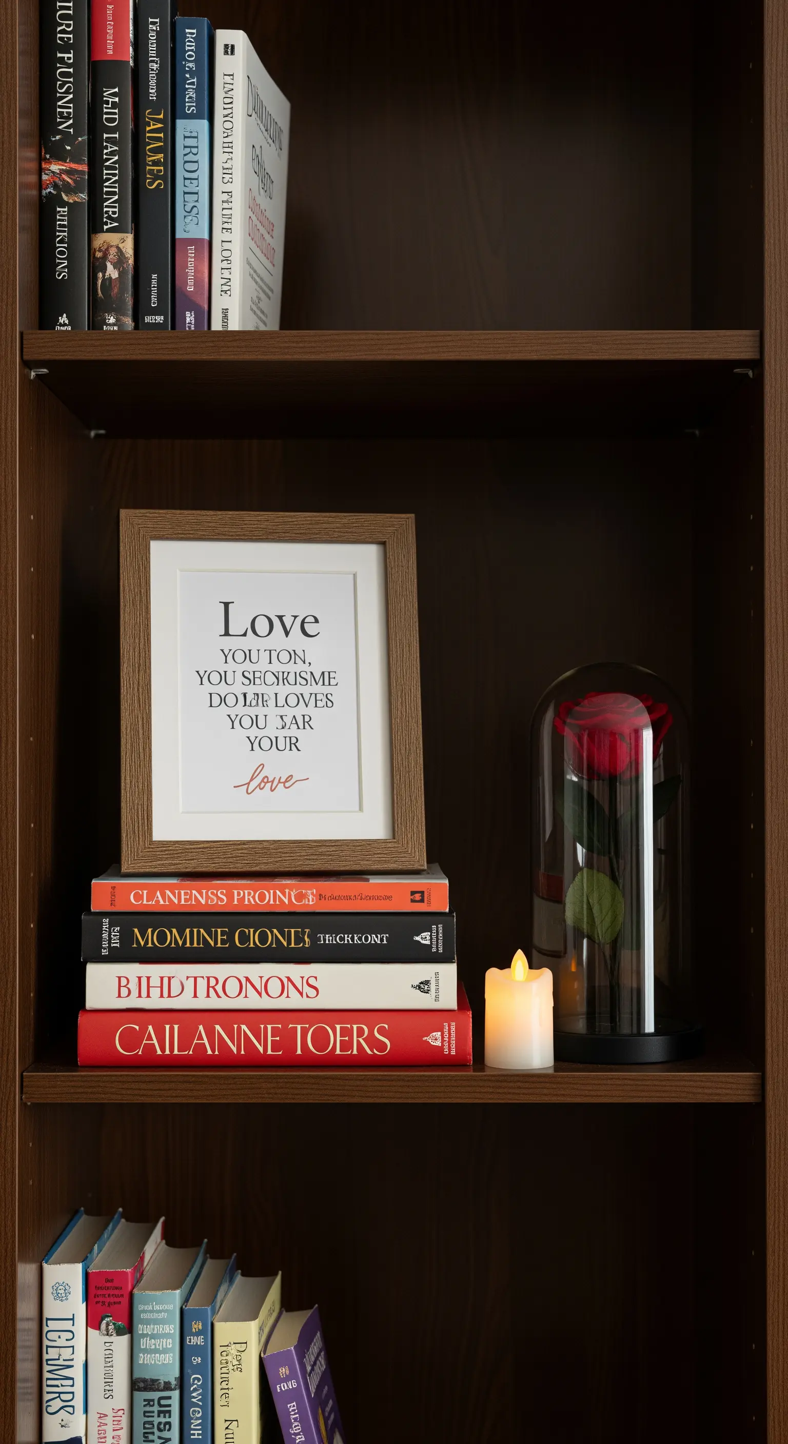 Bücherregal-Detail mit einem Zitat, einer Rose unter einer Glaskuppel und einer Kerze.