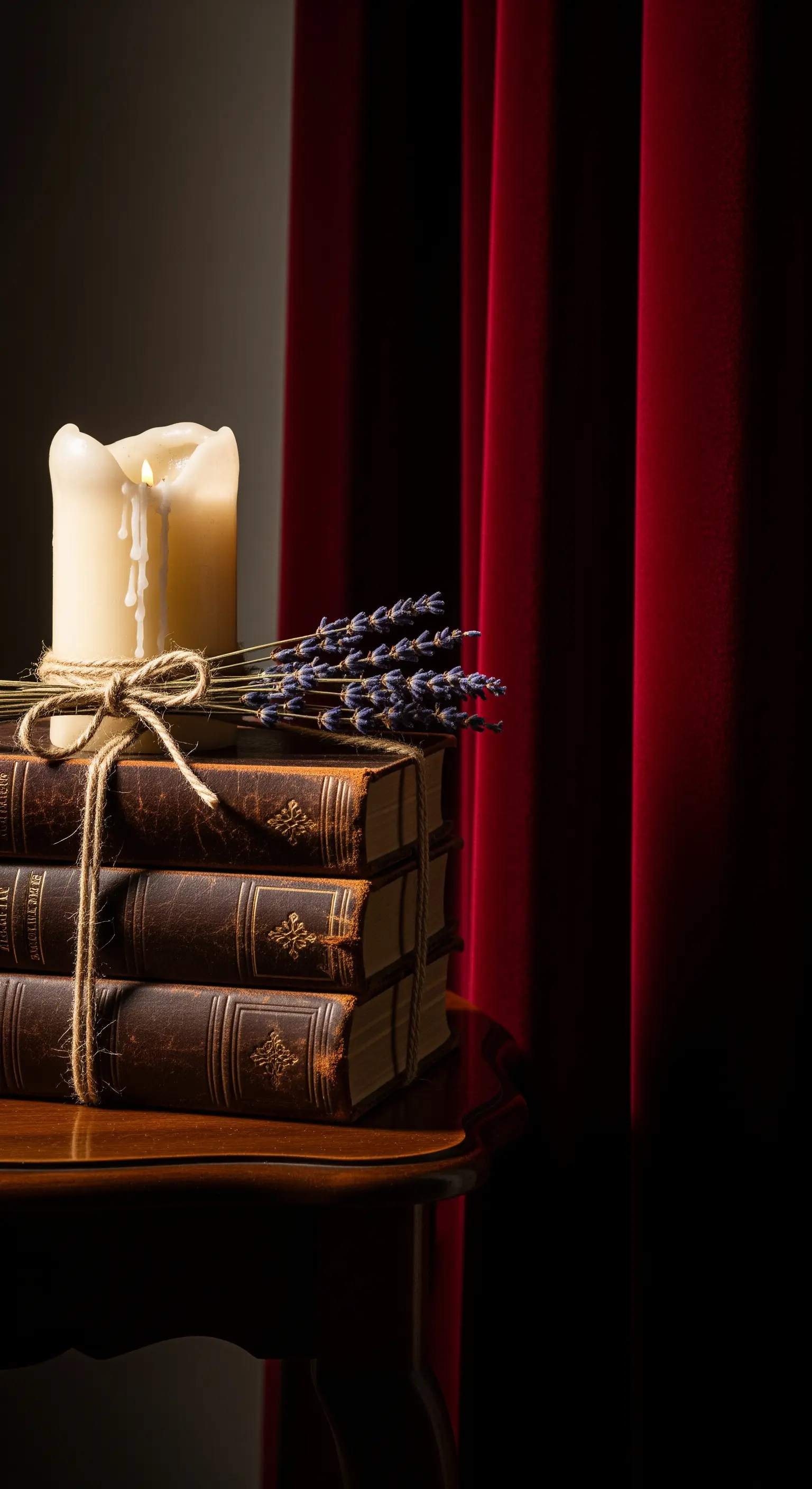 Stapel alter Bücher mit Lavendel und tropfender Kerze vor rotem Vorhang