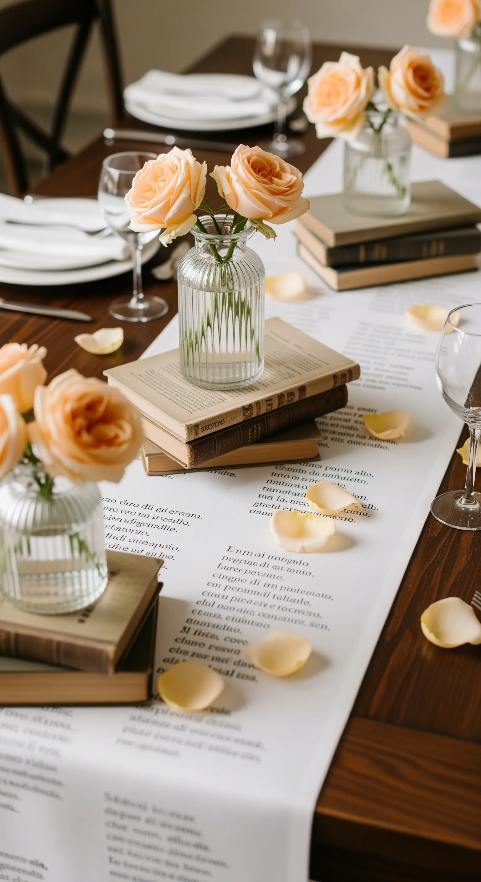 Tischdeko mit Rosen in Glasvasen, die auf alten Büchern stehen.