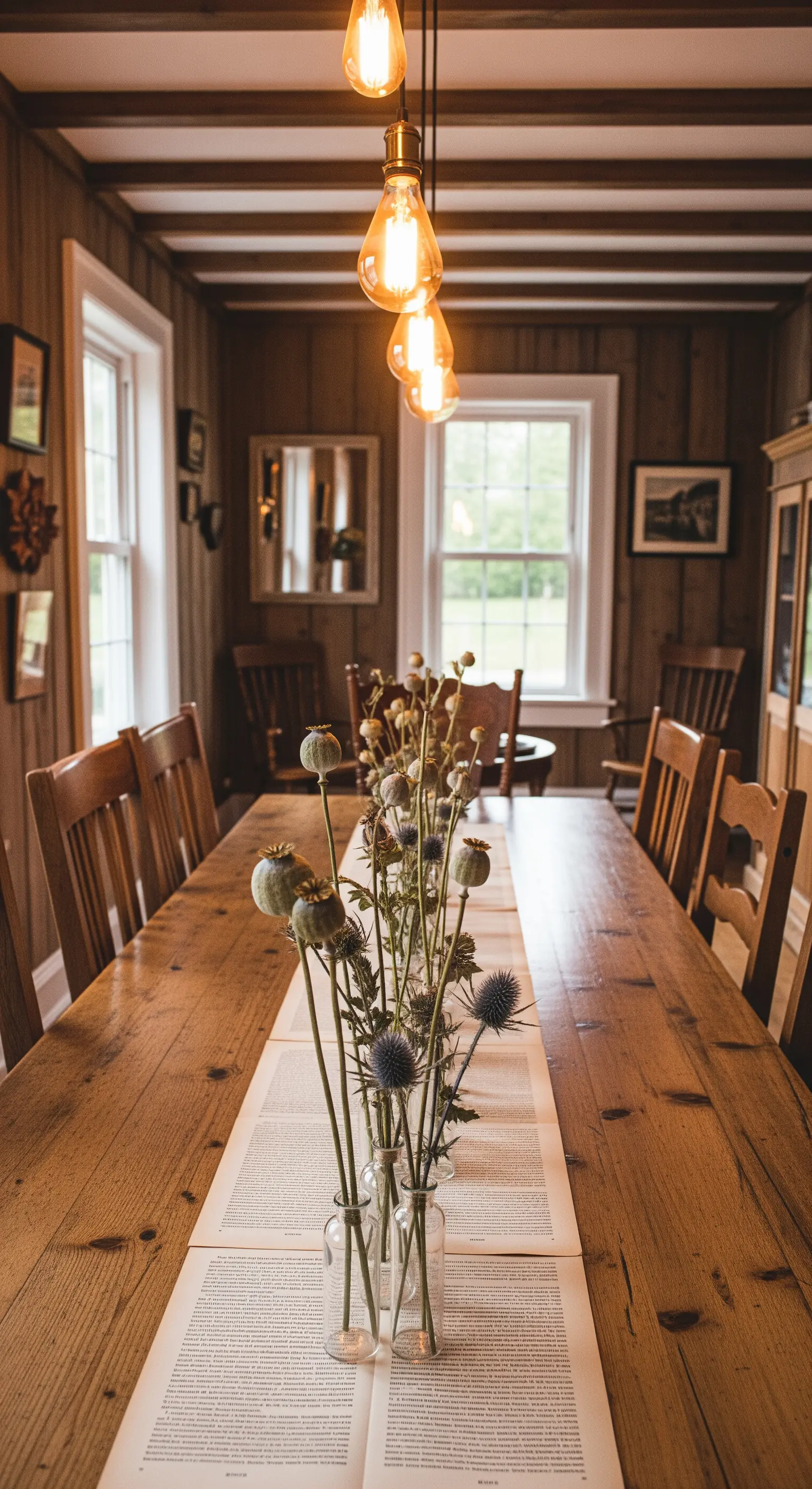 Trockenblumen in Glasflaschen, Buchseiten als Tischläufer, Edison-Glühbirnen für rustikal-literarische Deko.
