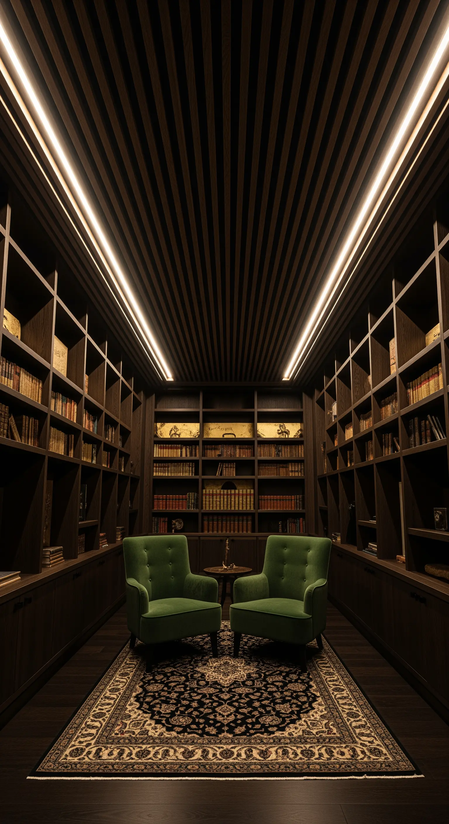 Dunkle Bibliothek mit Holzlamellendecke, integrierten Lichtleisten und grünen Sesseln