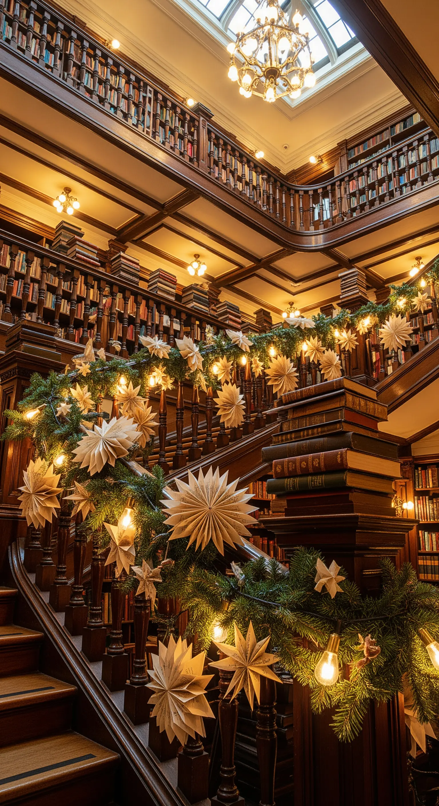Bibliothekstreppe mit Tannengirlande, Lichterketten und gefalteten Papiersternen.