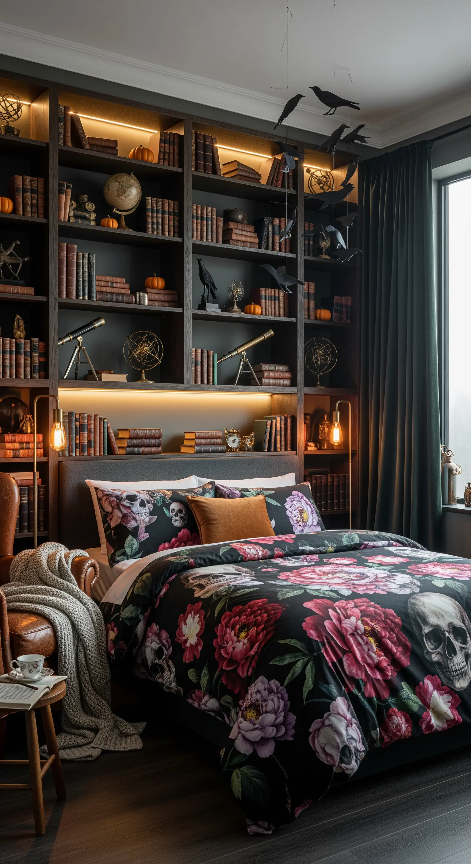 Schlafzimmer mit Bücherregal als Kopfteil, dunkler Floral-Totenkopf-Bettwäsche und Globen