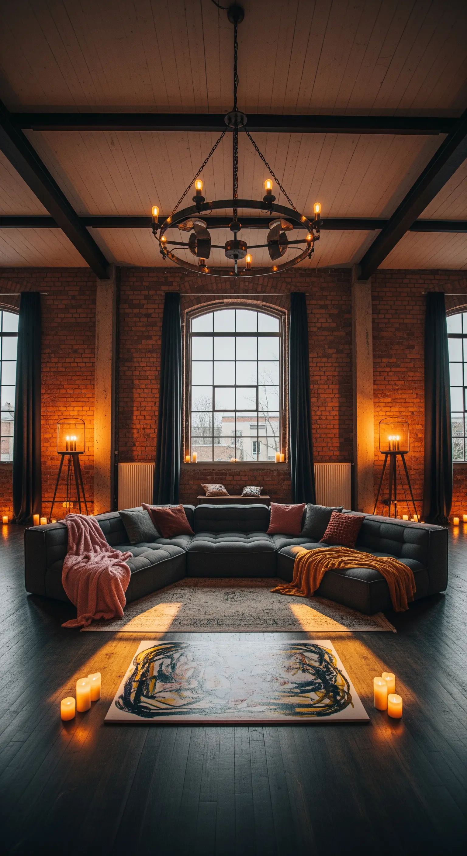 Industrie-Loft mit Backsteinwand, großem Leuchter und weichen Textilien