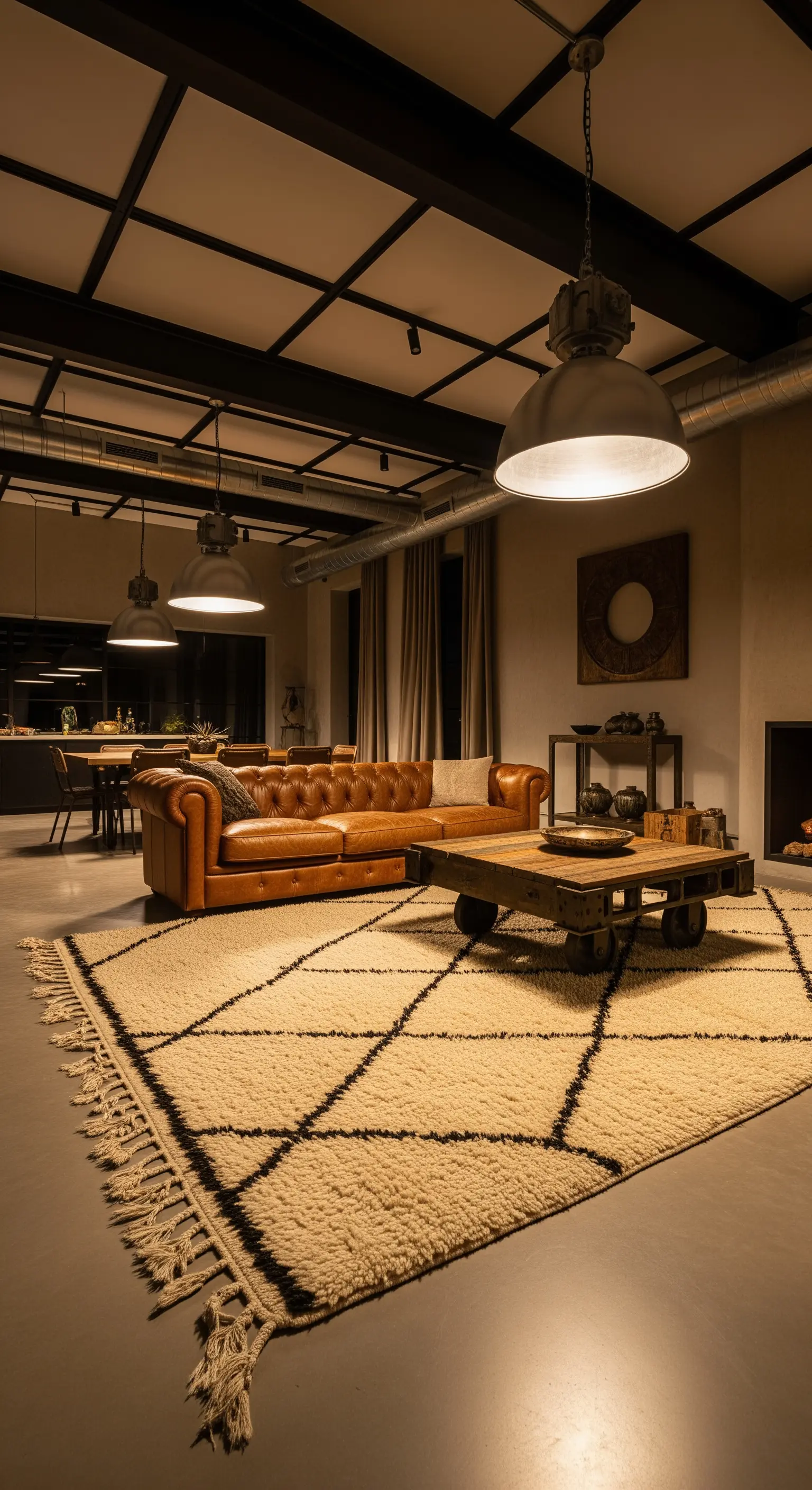 Industrielles Loft-Wohnzimmer mit Ledersofa, Berberteppich und großen Fabriklampen.