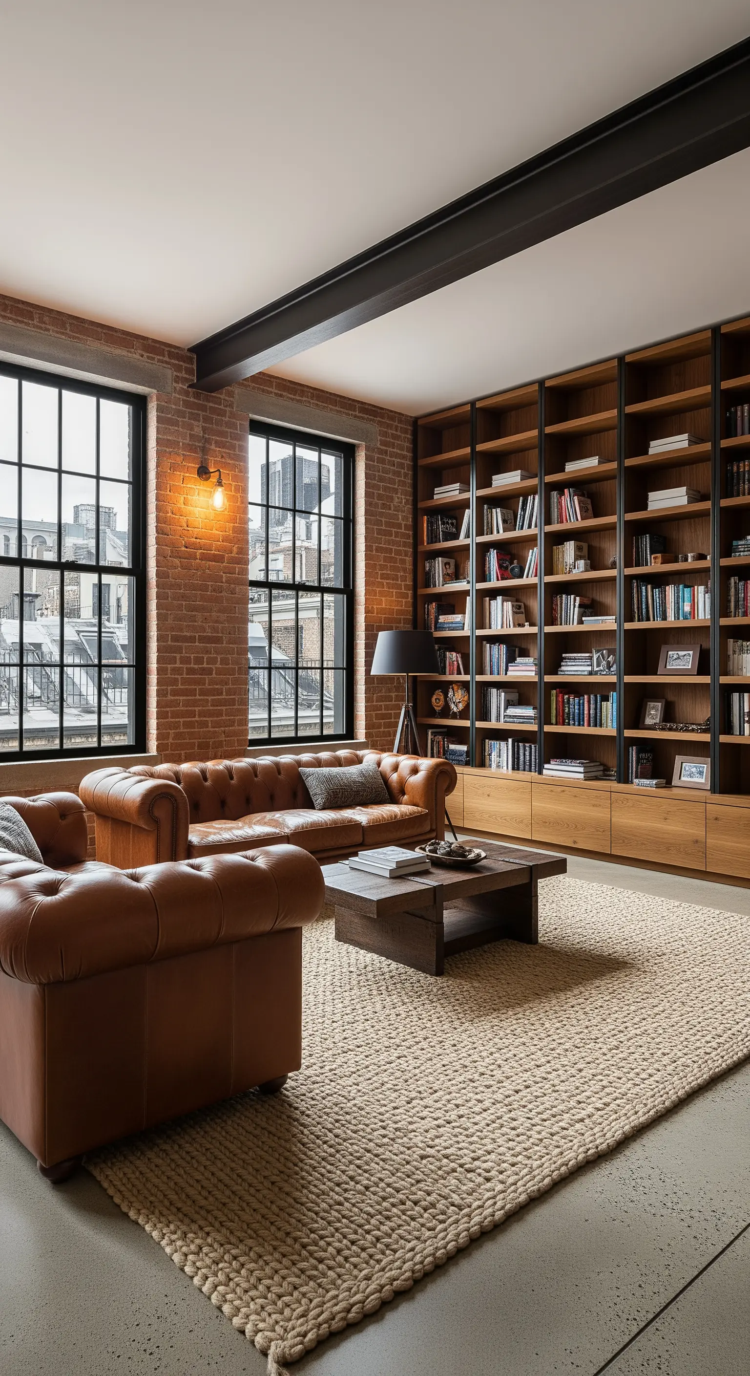 Loft-Wohnzimmer mit Backsteinwand, Bücherregal und Chesterfield-Ledersofa.