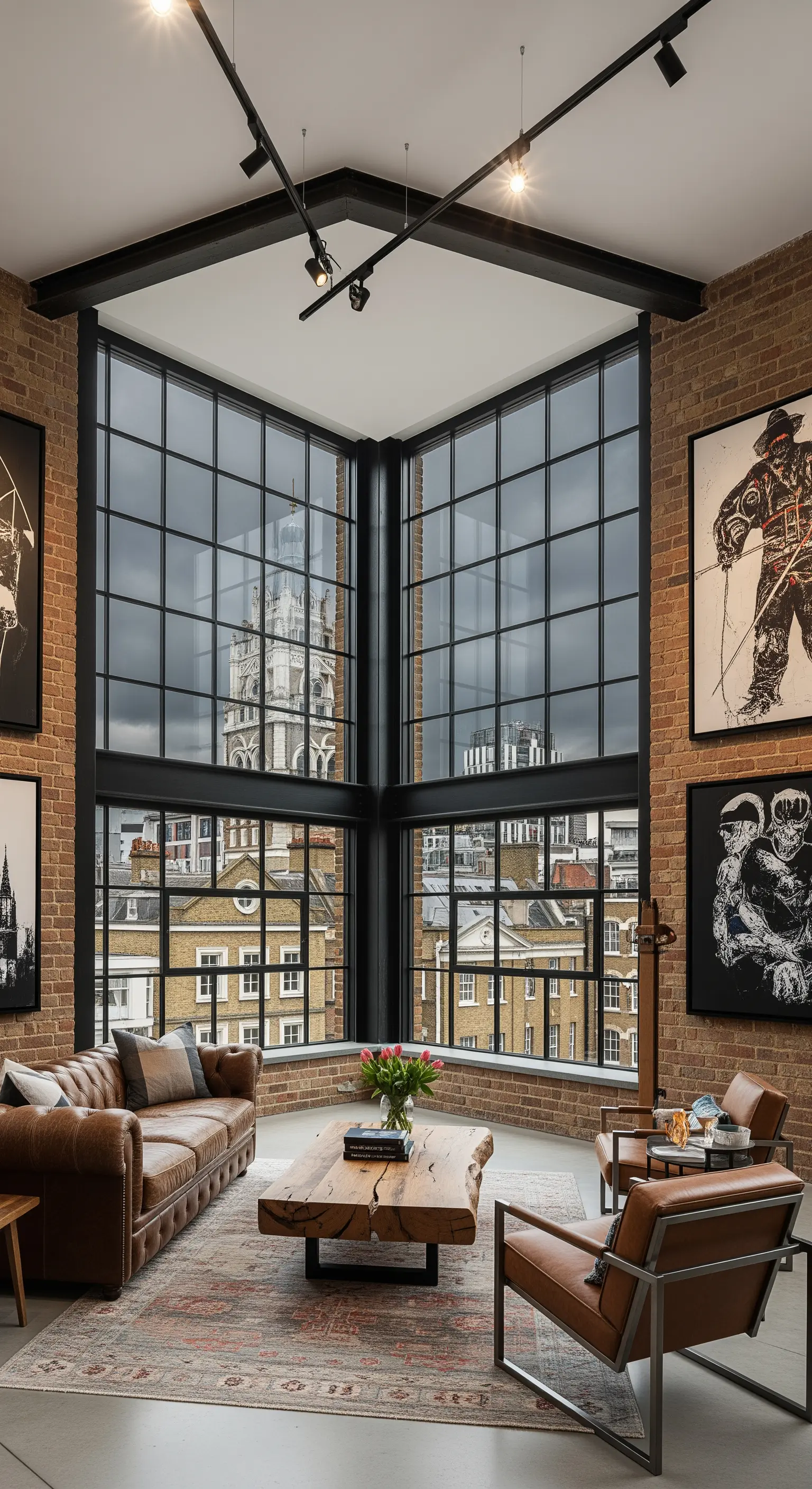 Industrial Loft mit Backsteinwänden, Ledersofa und grossen Kunstwerken