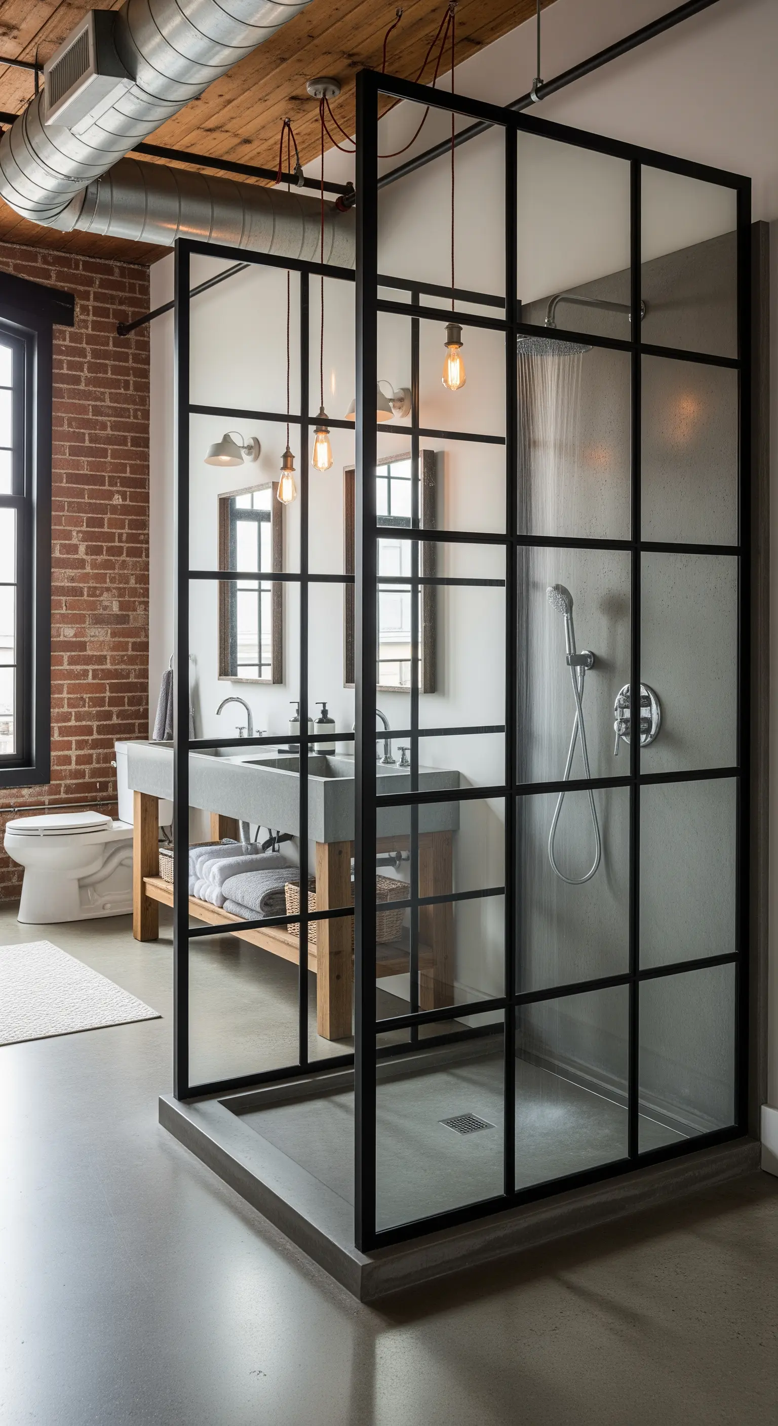 Badezimmer im Industrie-Stil mit schwarzer Sprossen-Glasdusche und Betonwaschtisch