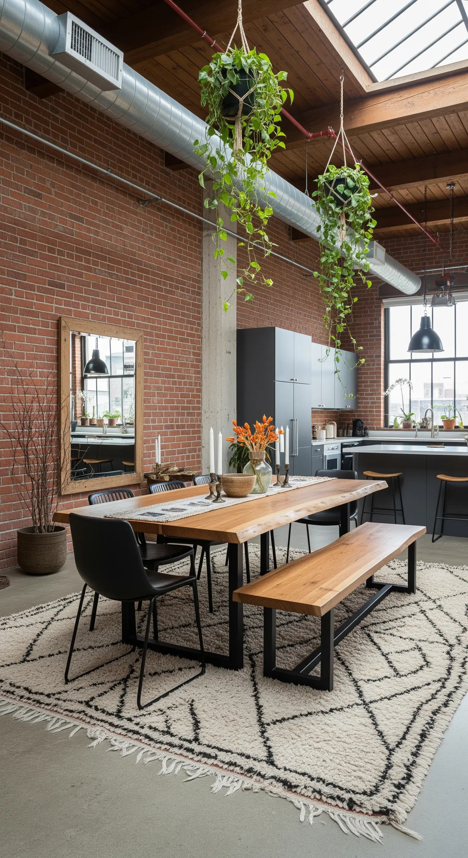 Essbereich im Industrial-Loft mit Backsteinwand, Holztisch und großem Berberteppich.