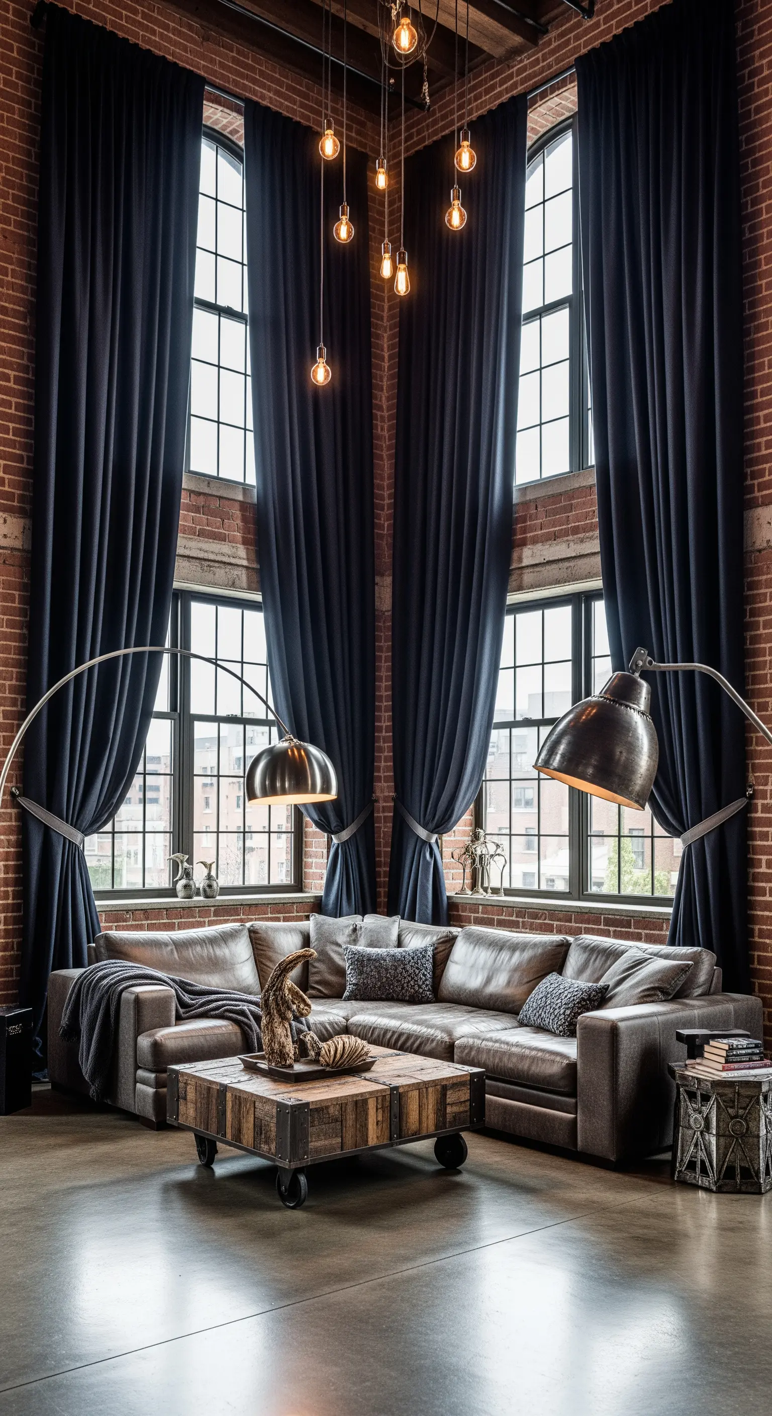 Loft-Wohnzimmer mit extrem hohen Decken und bodenlangen blauen Vorhängen.