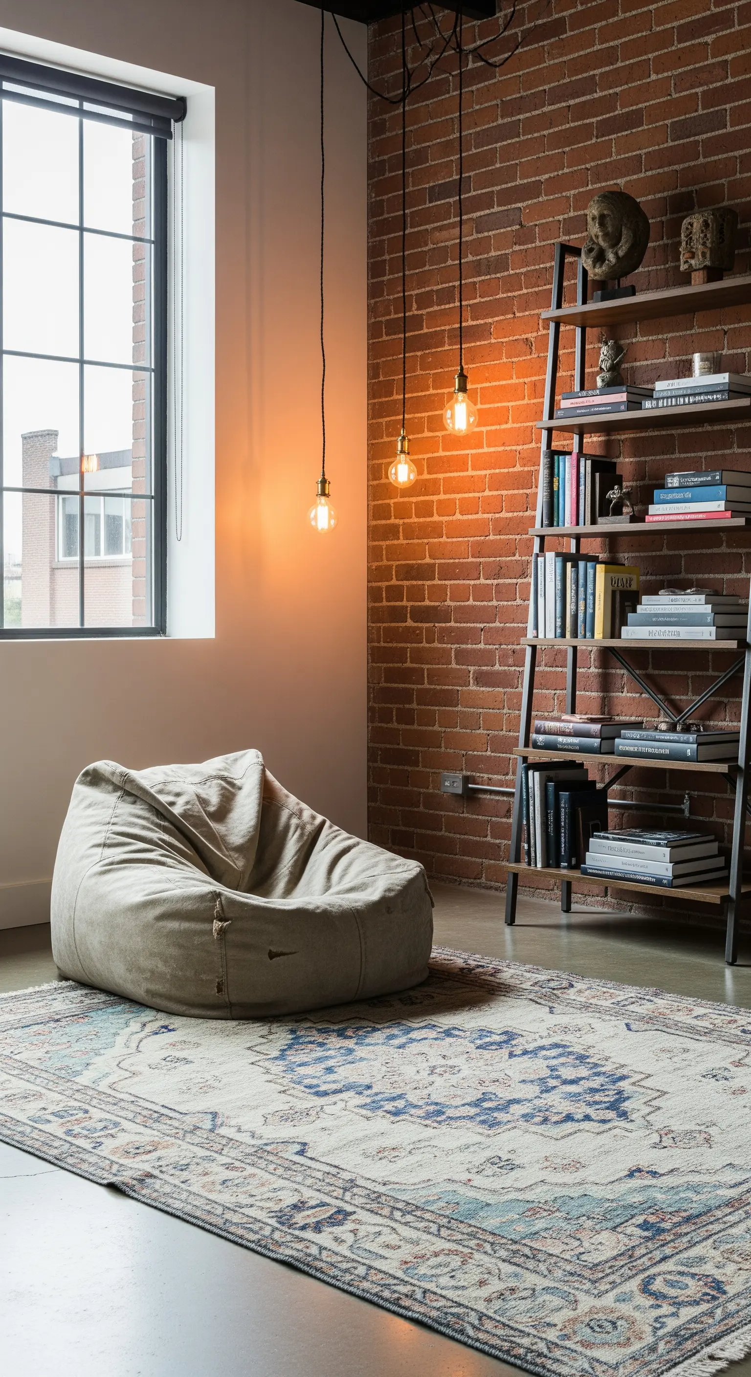 Leseecke im Industrial-Stil mit Sitzsack, Backsteinwand und Edison-Glühbirnen.