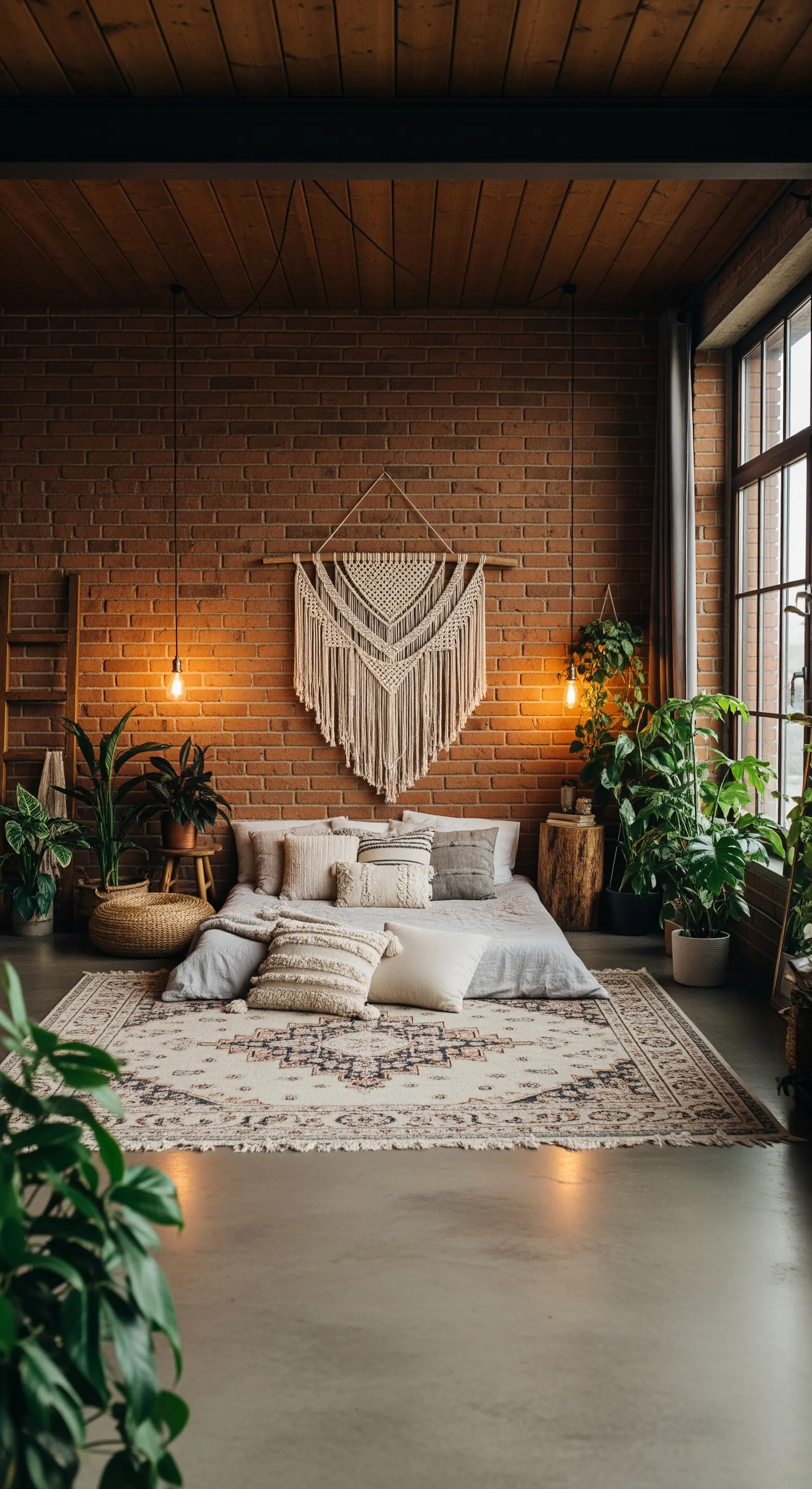 Loft-Schlafzimmer mit Backsteinwand, Bodenbett und einem sehr großen Makramee-Wandbehang