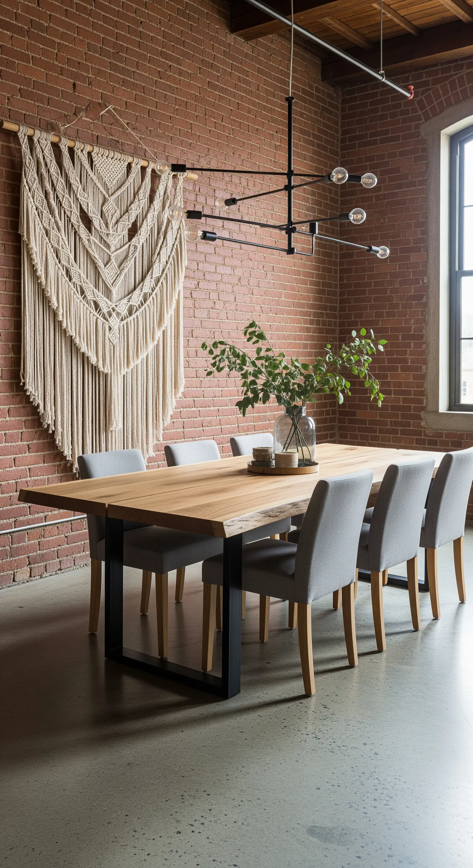 Esszimmer im Industrie-Stil mit Makramee-Wandbehang an einer Ziegelwand.