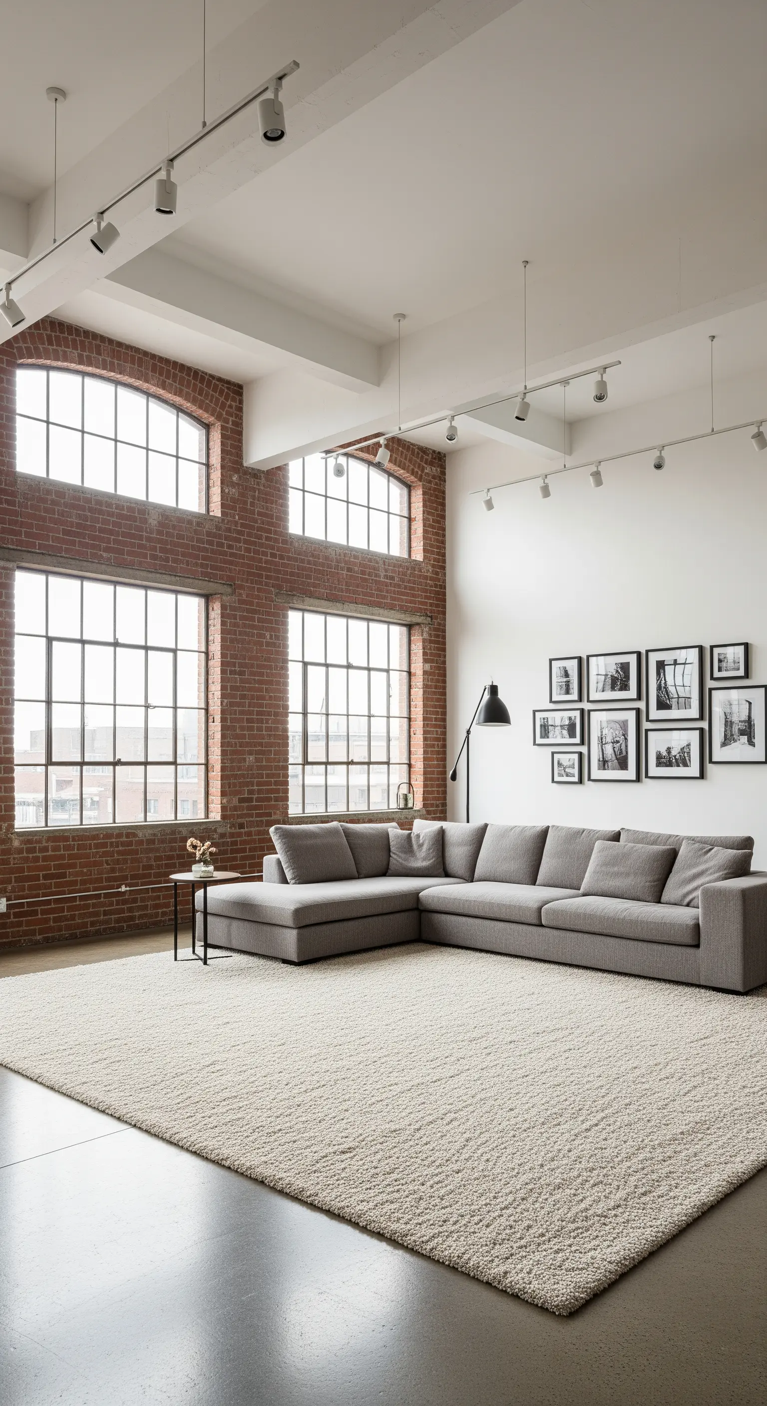 Industrial Loft mit Backsteinwand und einem großen, cremefarbenen Hochflorteppich.