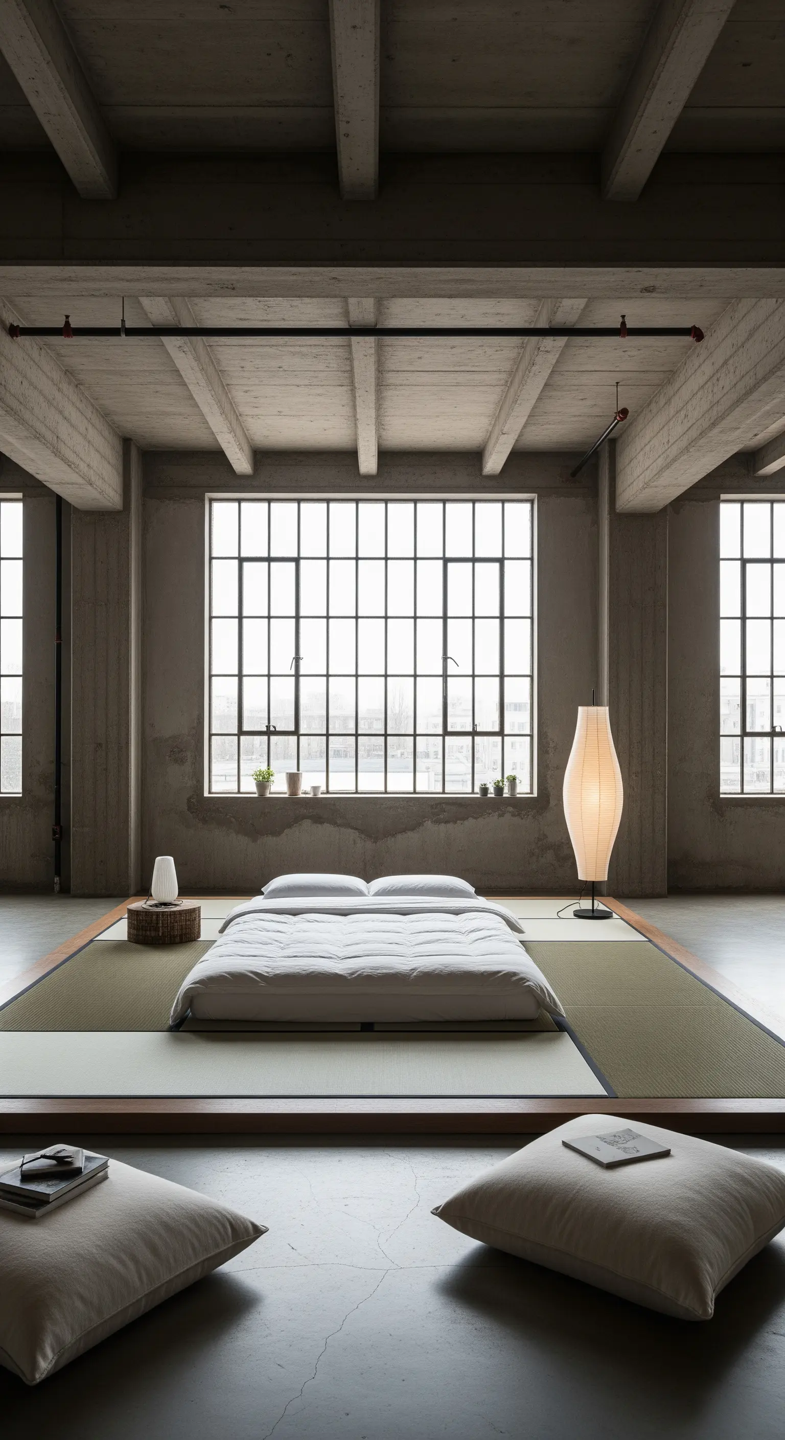 Futon auf Tatami-Matten in einem Industrie-Loft mit Betonwänden.