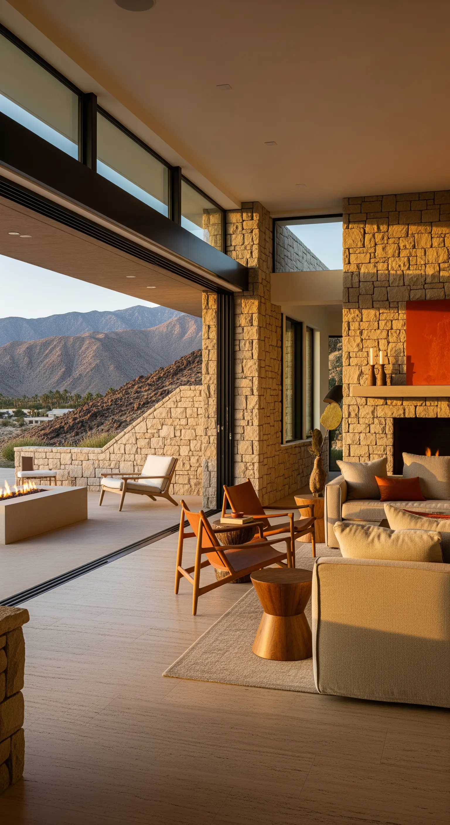 Wohnzimmer mit offener Glasfront zur Terrasse mit Bergblick und Natursteinwänden.