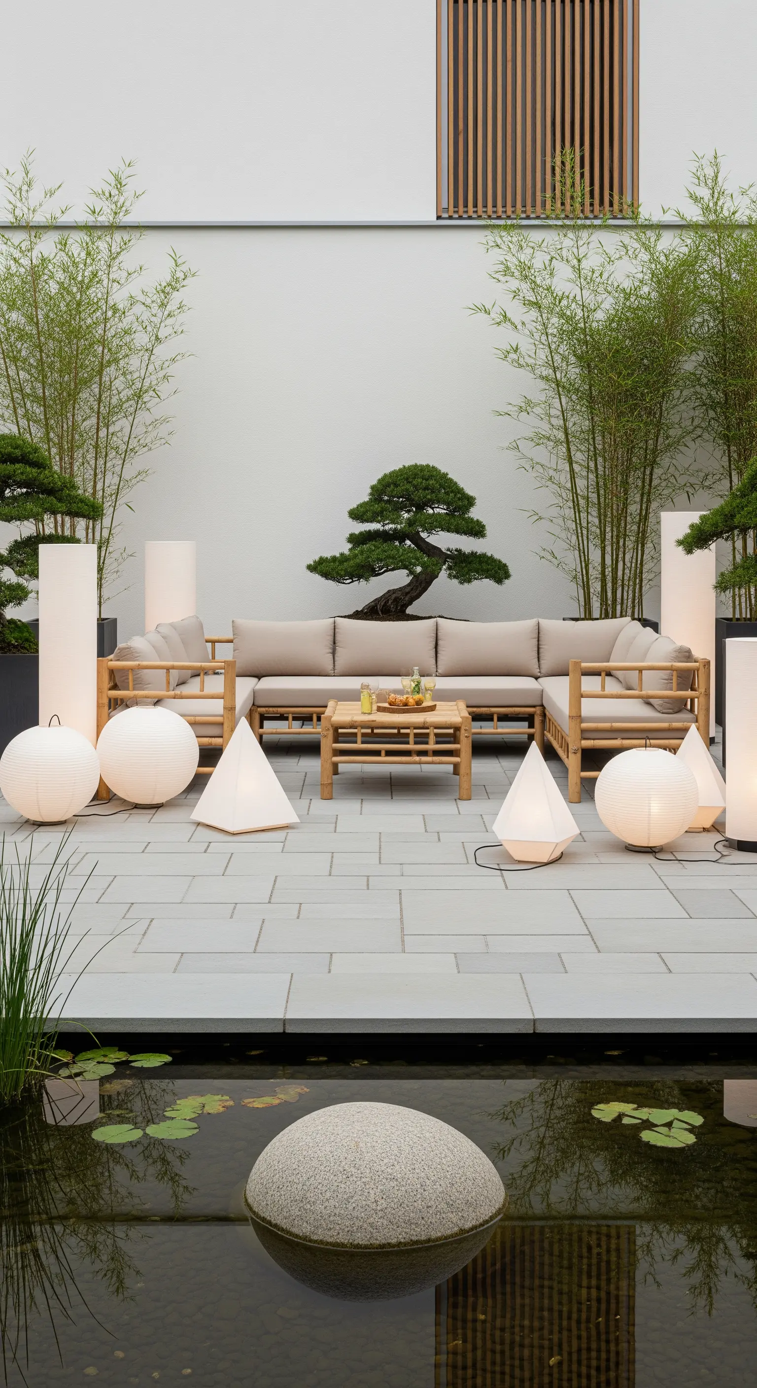 Outdoor-Lounge mit Bambusmöbeln, verschiedenen Papierlaternen und minimalistischem Teich