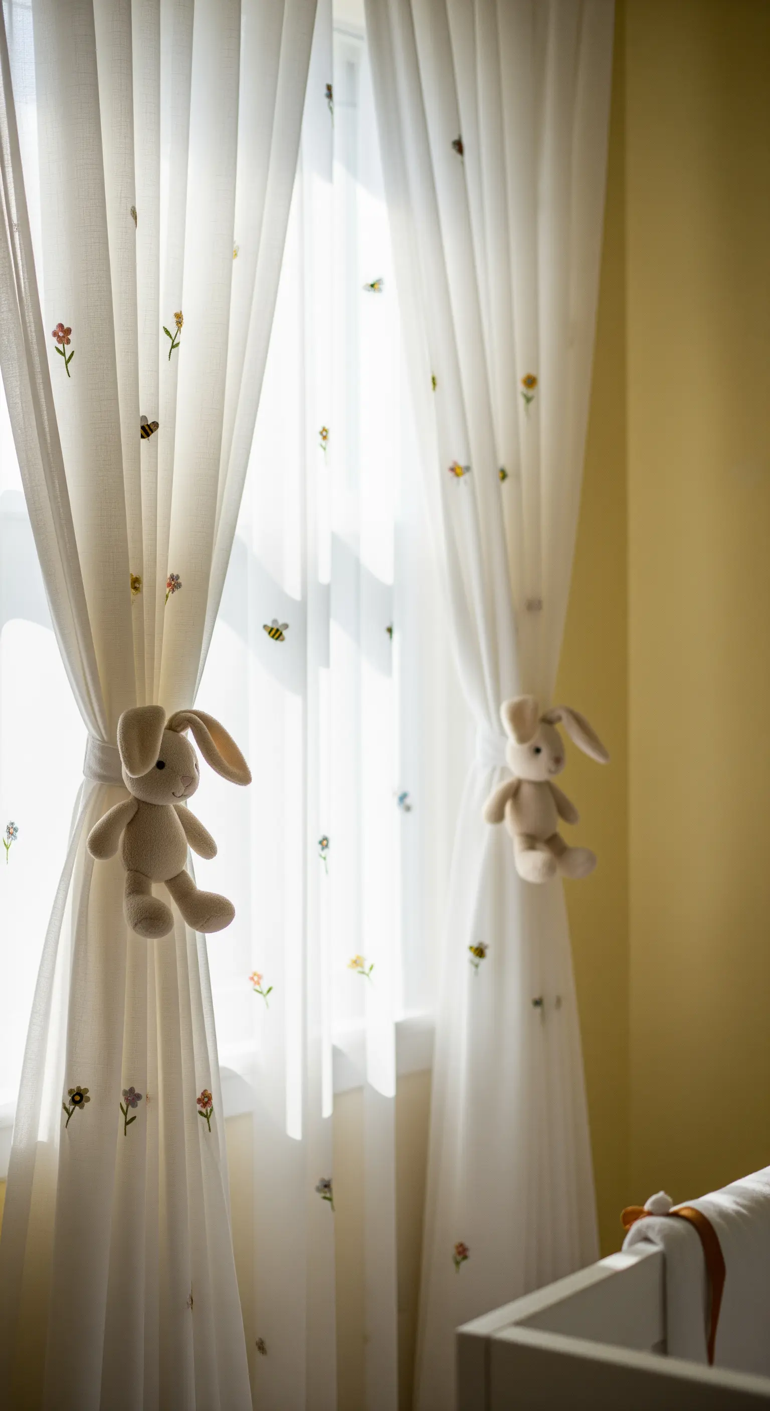 Hasen-Raffhalter für Vorhänge mit Blumenstickerei.