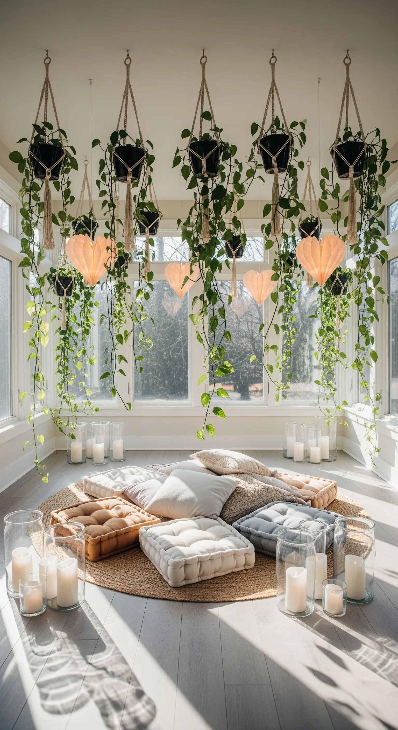 Helle Lounge mit Hängepflanzen, herzförmigen Lichtern, Bodenkissen und Kerzen
