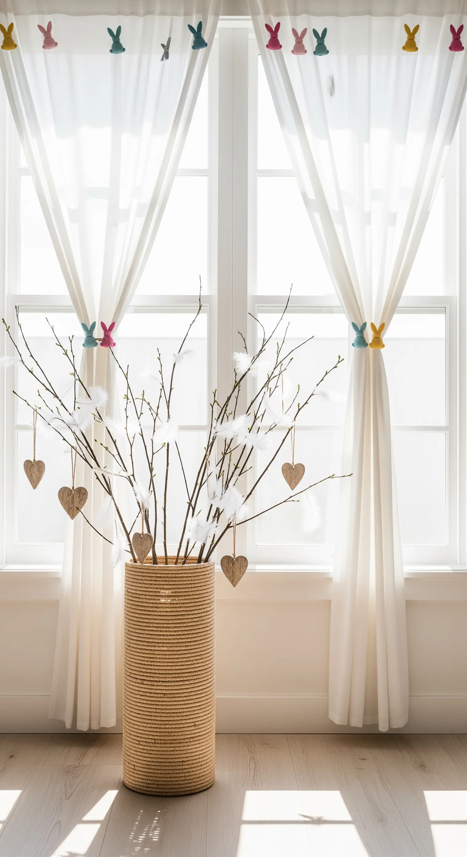 Fensterdeko mit Hasen-Girlande, Zweigen, Federn und Holzherzen