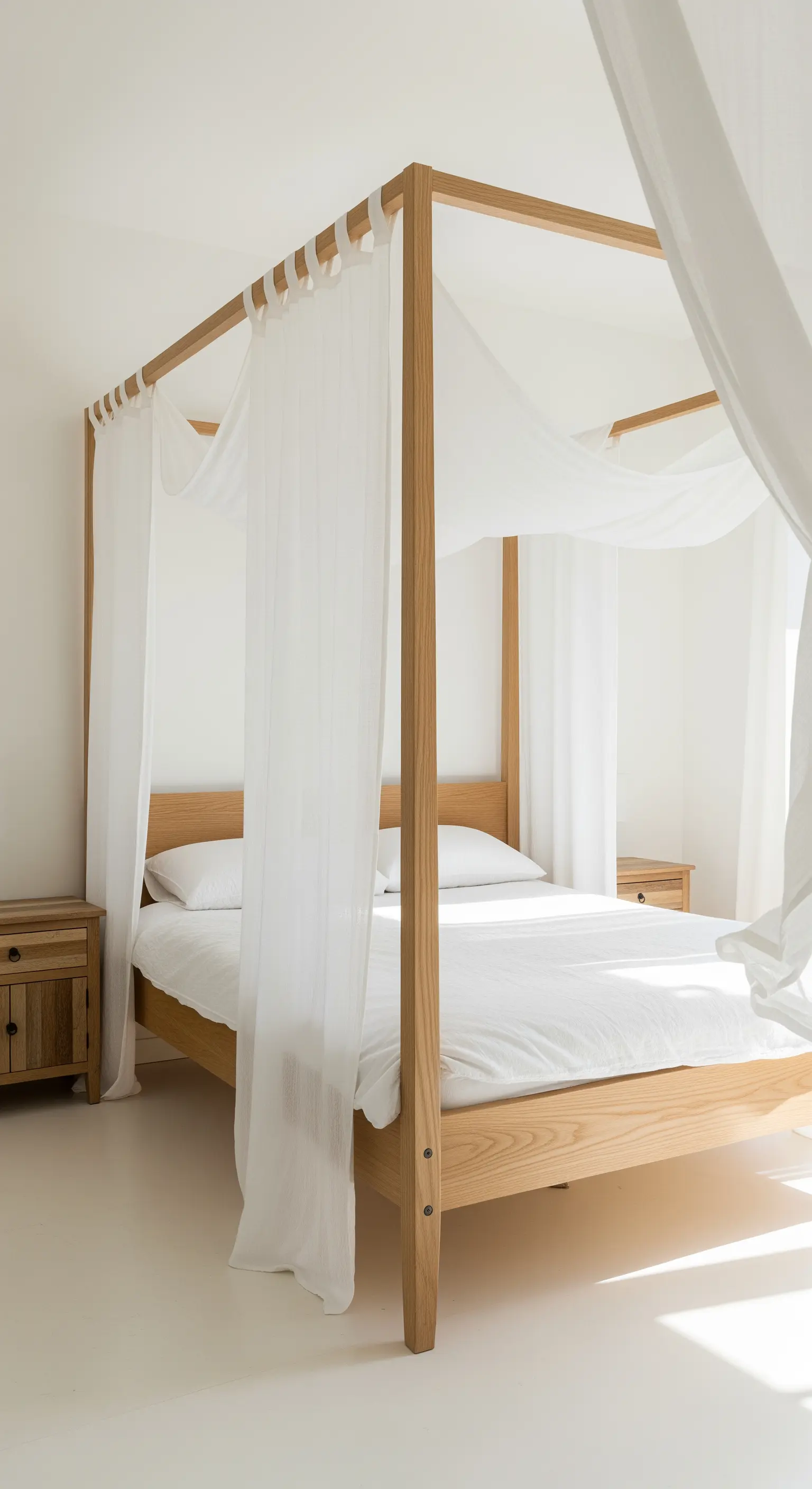 Himmelbett aus hellem Holz mit luftigen, weißen Vorhängen.