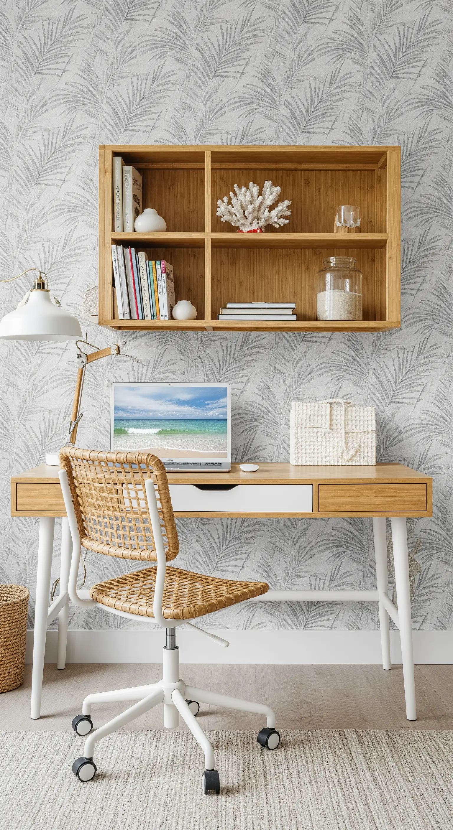 Helles Home-Office mit Palmen-Tapete, Bambus-Möbeln und Rattan-Stuhl