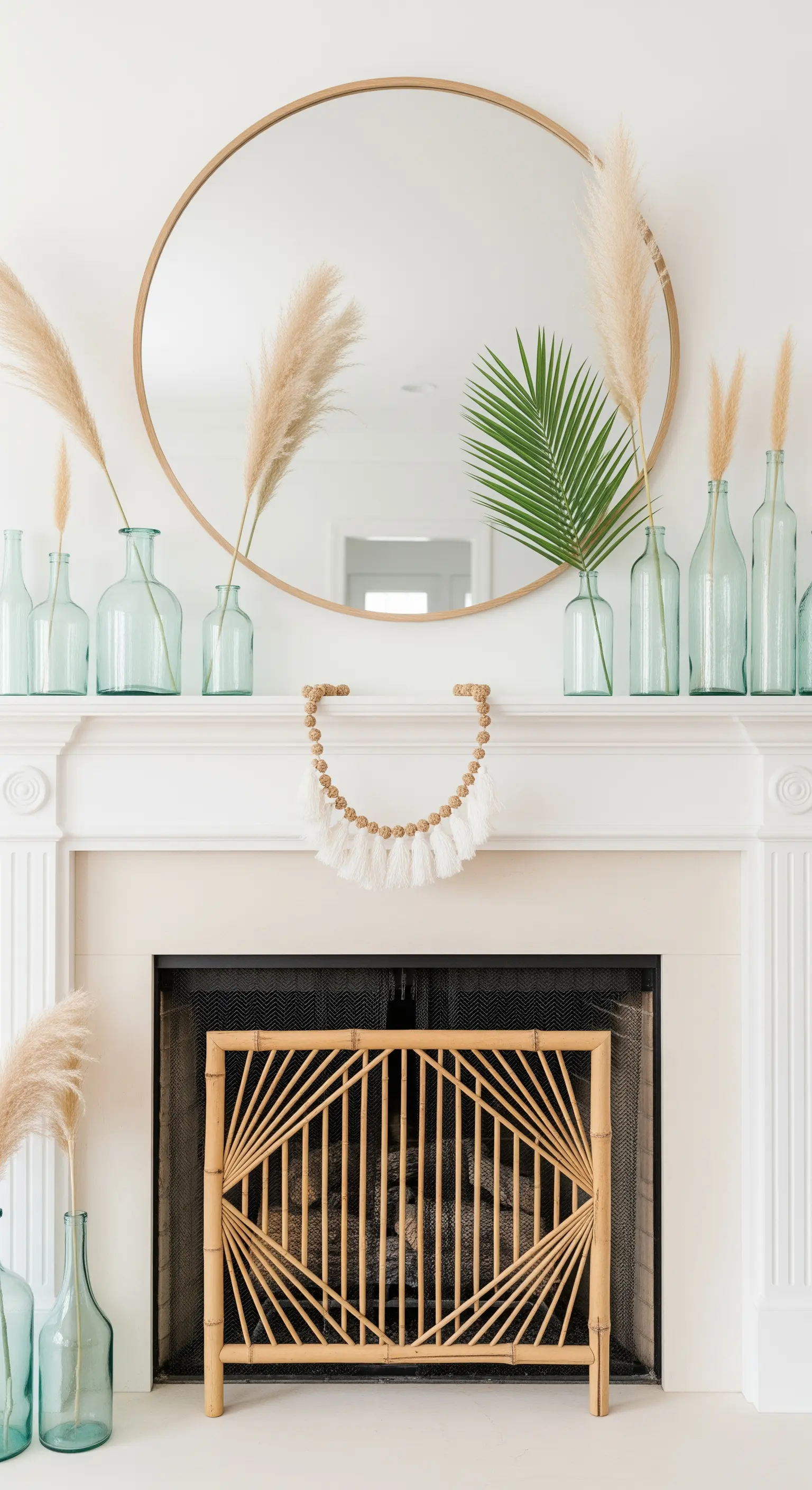 Weißer Kaminsims, dekoriert mit grünen Glasflaschen, Pampasgras und einem runden Spiegel