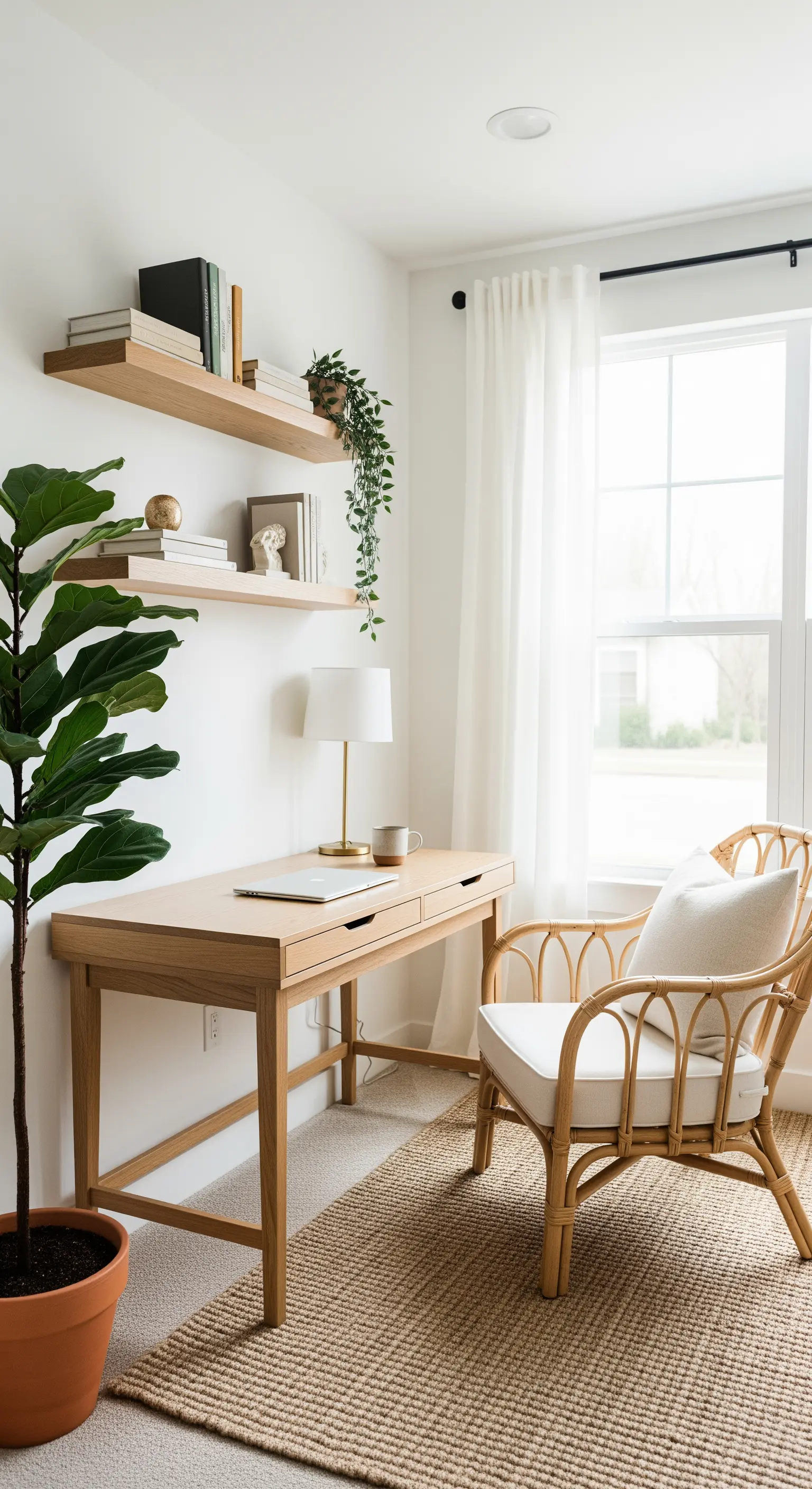 Helles Boho-Homeoffice mit Rattan-Stuhl, Holzschreibtisch und großer Pflanze