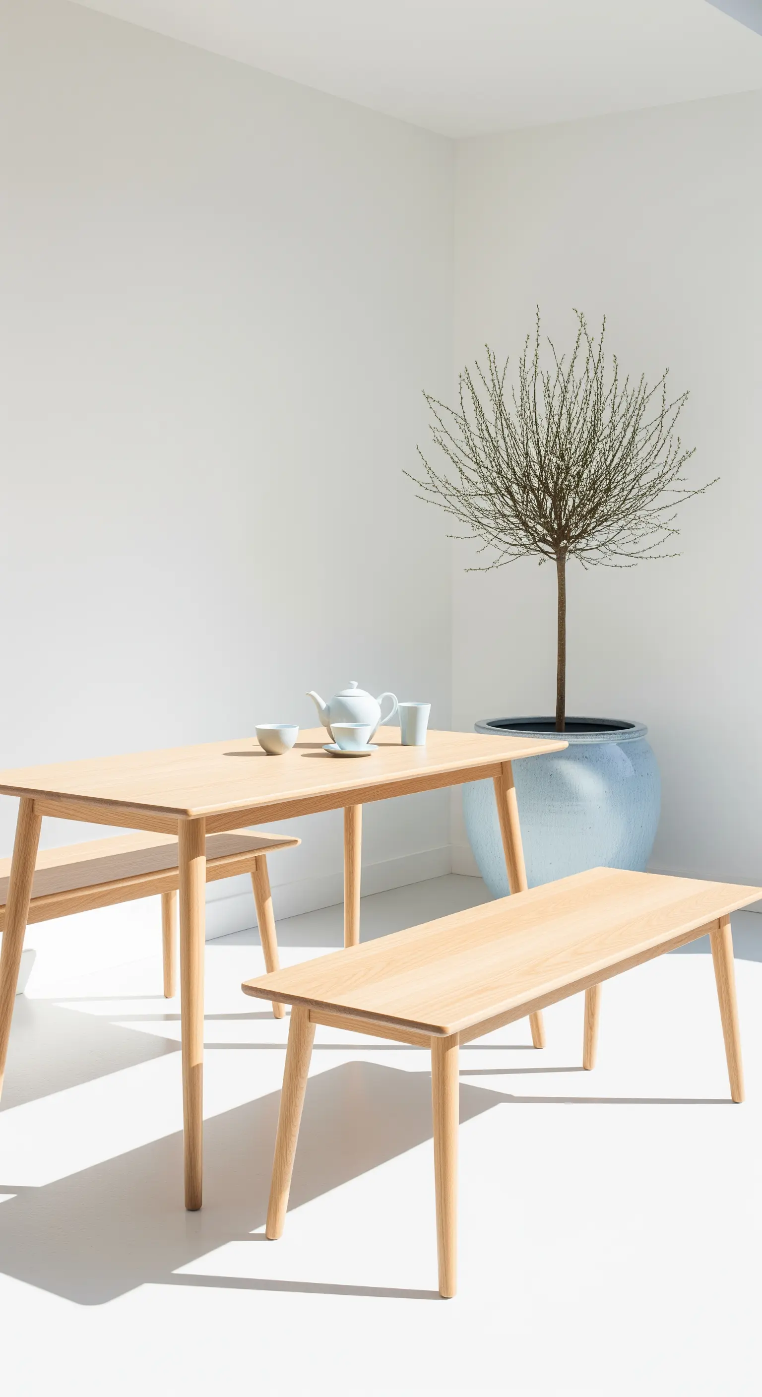 Minimalistische Teeecke mit hellen Holzmöbeln und einem Baum in einem Topf