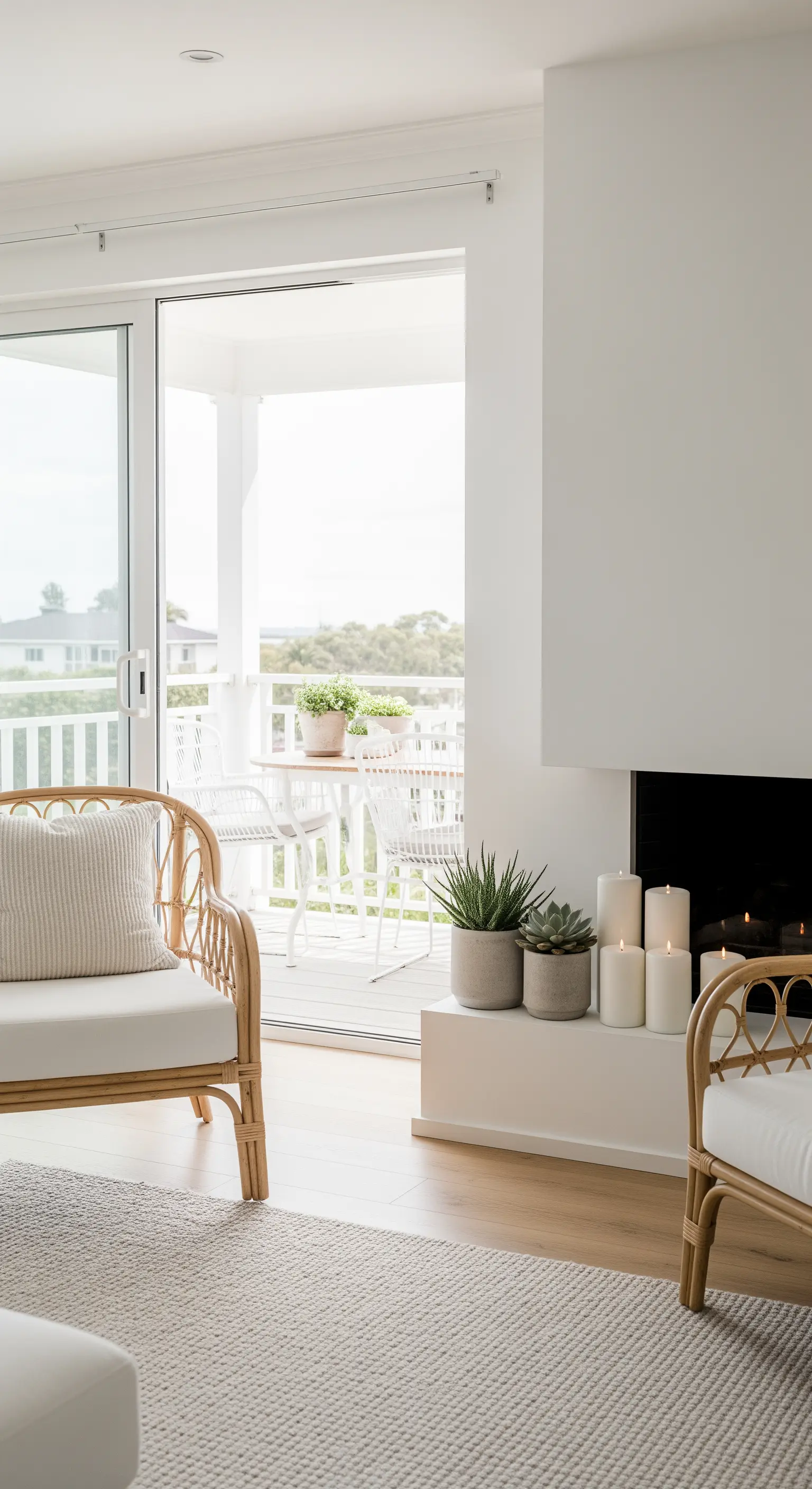 Helle Rattanmöbel, Kerzen-Deko am Kamin und offene Balkontür