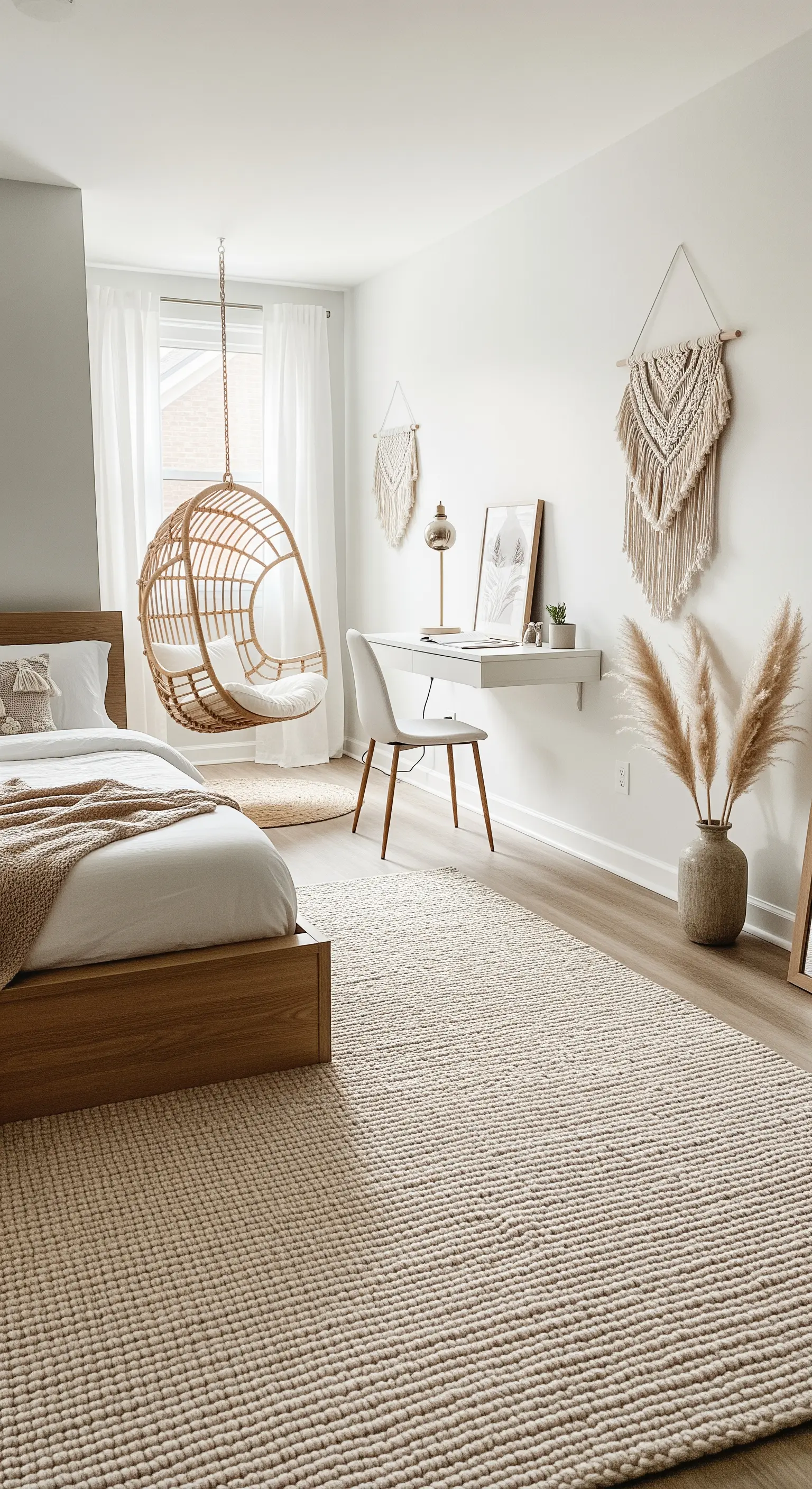 Heller Boho-Raum mit Hängesessel, Makramee, Pampasgras und einem großen beigefarbenen Teppich.