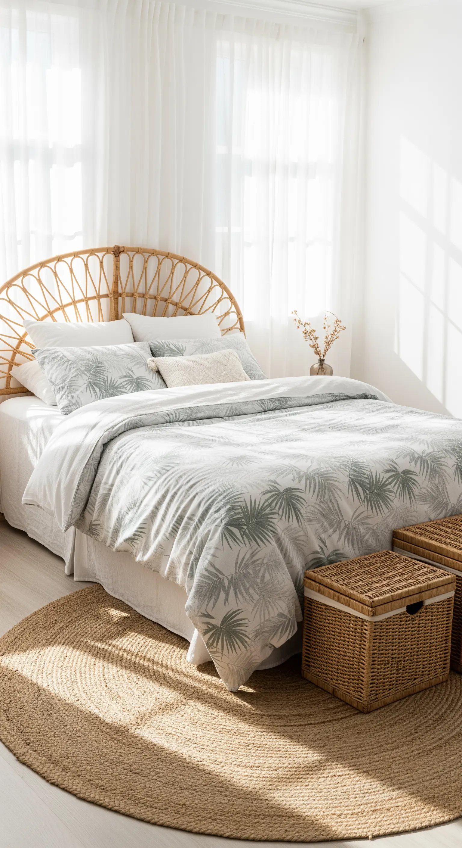 Schlafzimmer mit Rattan-Kopfteil und Palmen-Bettwäsche