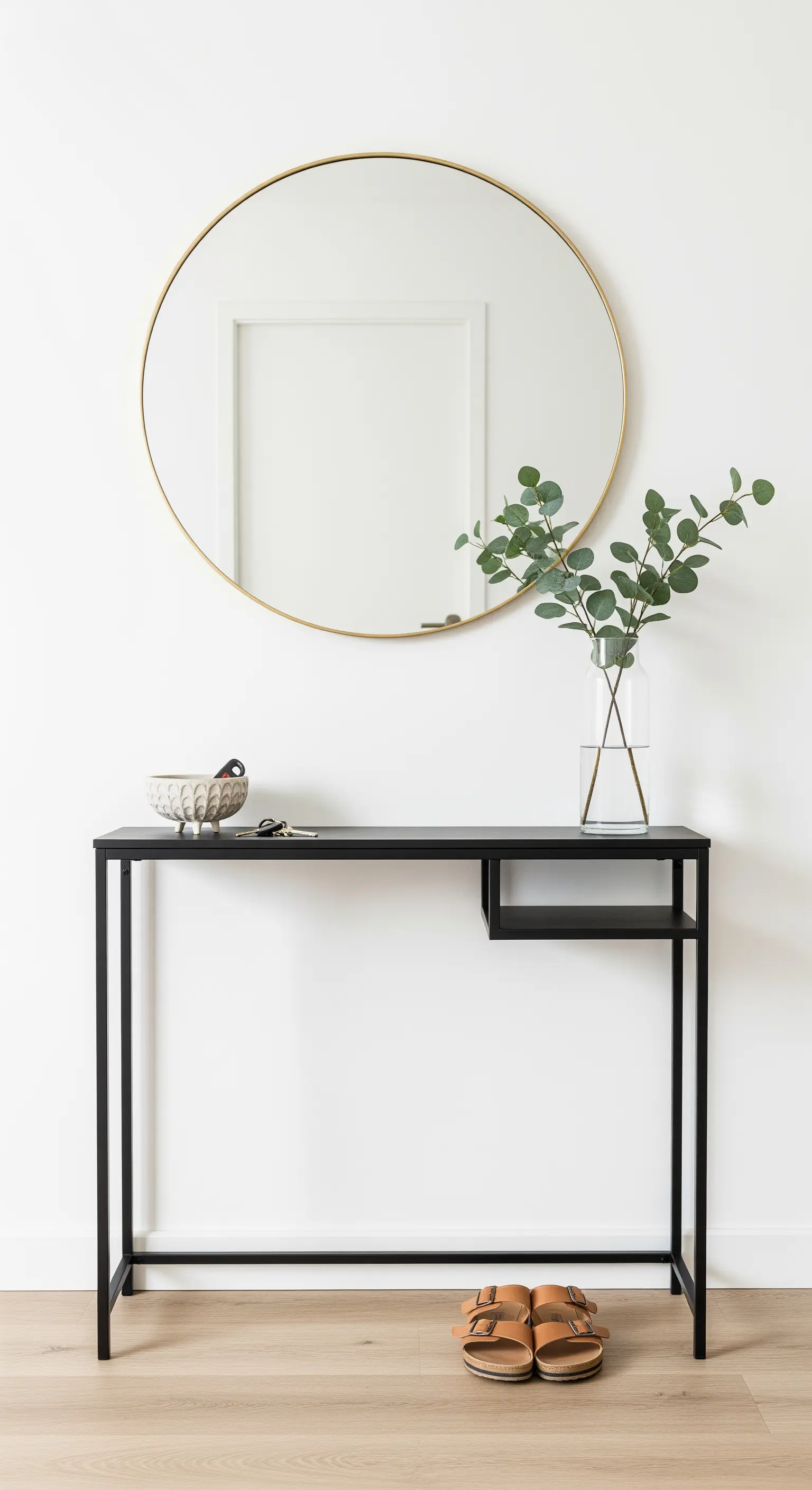Moderner, minimalistischer Eingangsbereich mit schwarzem Konsolentisch und rundem Spiegel.