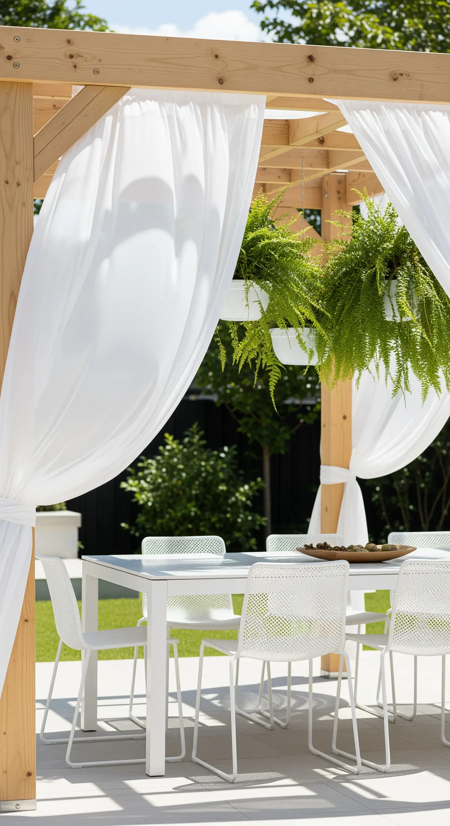 Essbereich unter Pergola mit weißen Vorhängen und hängenden Farnen